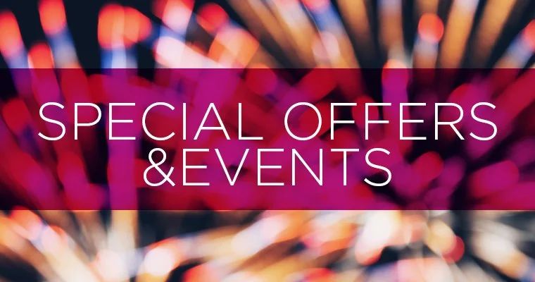 Bright colorful lights in the background with the text 'Special Offers & Events' overlayed in the center.
