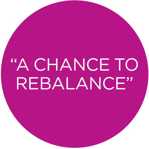 Purple circle with white text reading "A CHANCE TO REBALANCE" in quotation marks.
