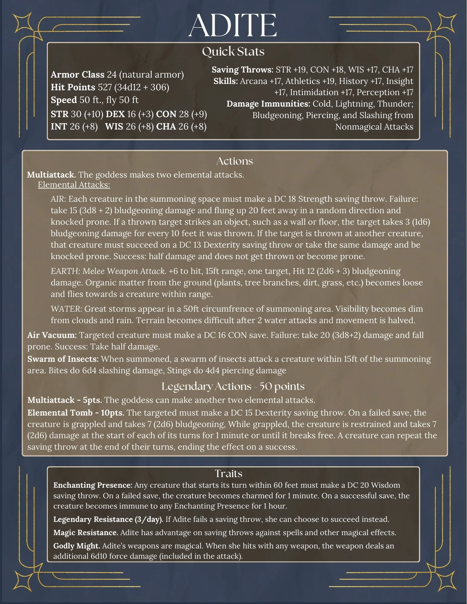 Anything One-Shot RPG (D&D 5e), The Goddess' character sheet. Designed and created myself on Canva.