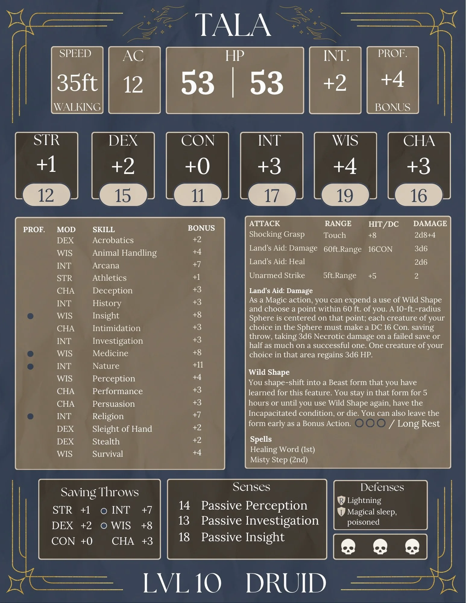 Anything One-Shot RPG (D&D 5e), The Main NPC character sheet. She is technically a PC if adapted differently. Designed and created myself on Canva.