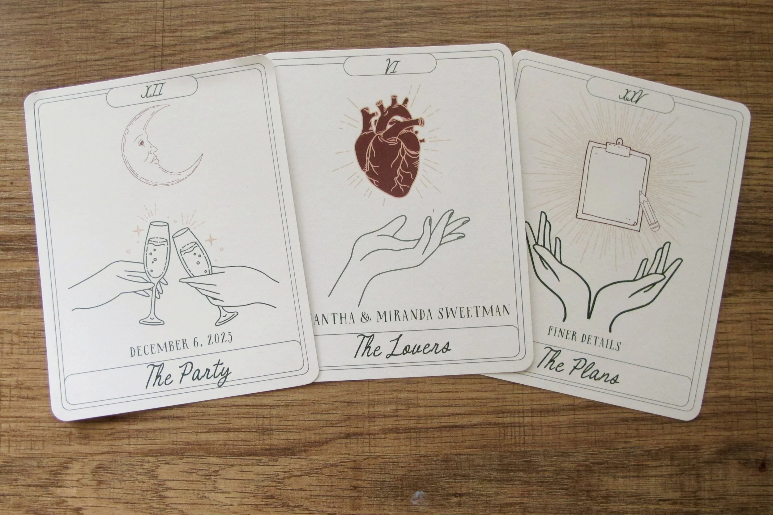 Tarot Wedding invitation cards I designed for my wife & I's wedding. The back of each card has corresponding details about the party and/or our love story.