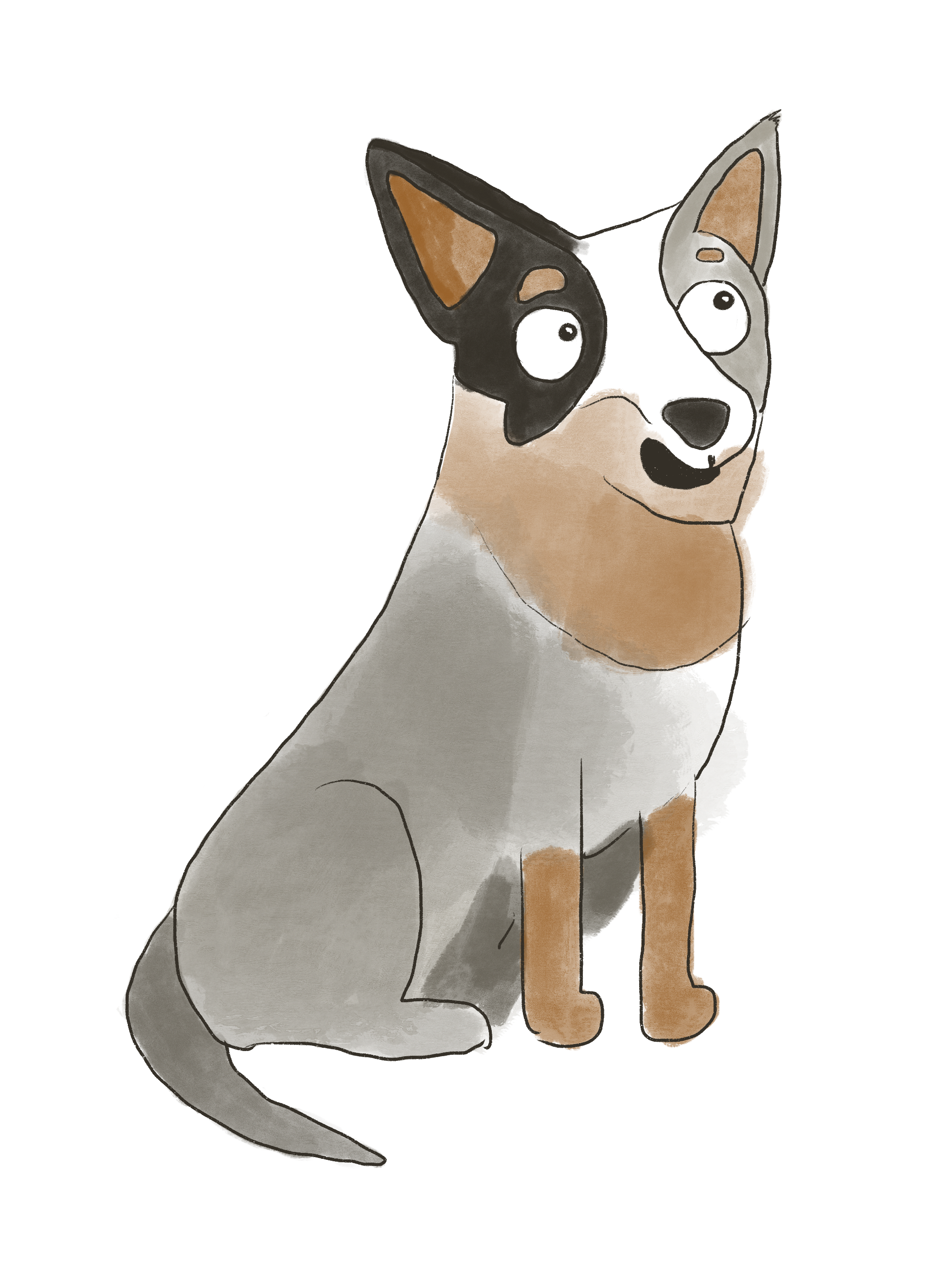Illustration of a small dog, possibly a terrier mix, sitting and peeking around a corner while holding a remote control in its front paws.