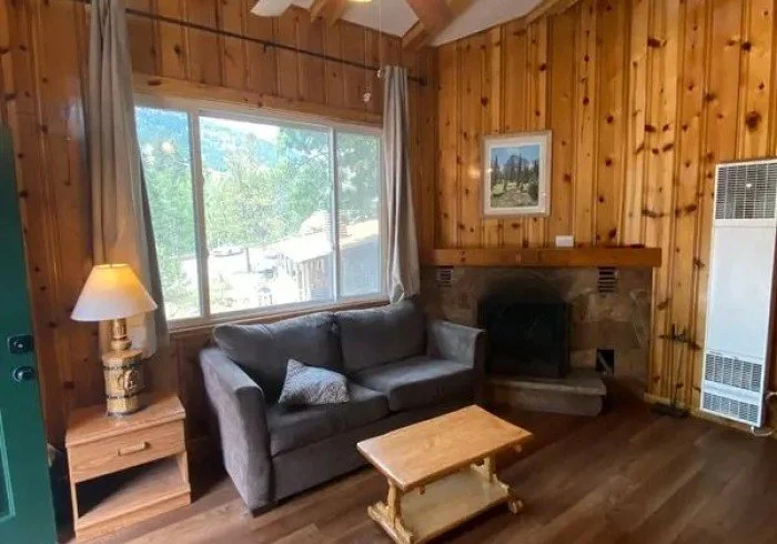 Cozy living room with wooden panel walls, a large window with curtains, a dark gray sofa with throw pillows, a wooden coffee table, a fireplace, a framed picture above the fireplace, a small lamp on a wooden side table, and a wall heater.