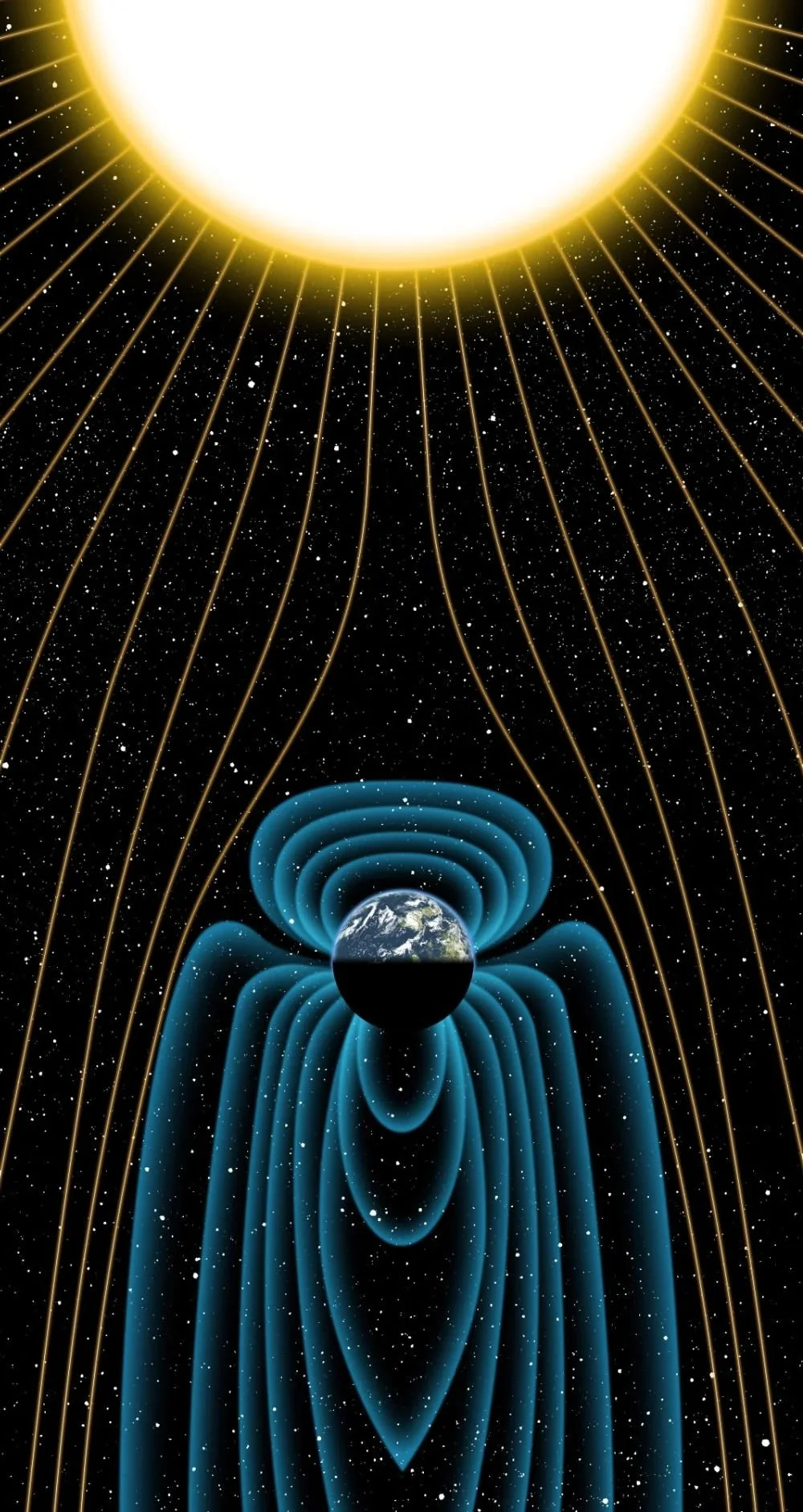 Earth’s magnetic field deflecting high-energy protons from the sun four billion years ago. ( more ) 