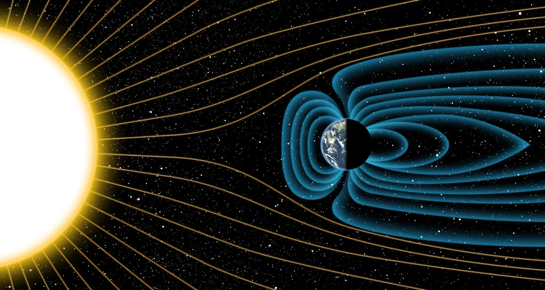 Earth’s magnetic field deflecting high-energy protons from the sun four billion years ago. ( more ) 