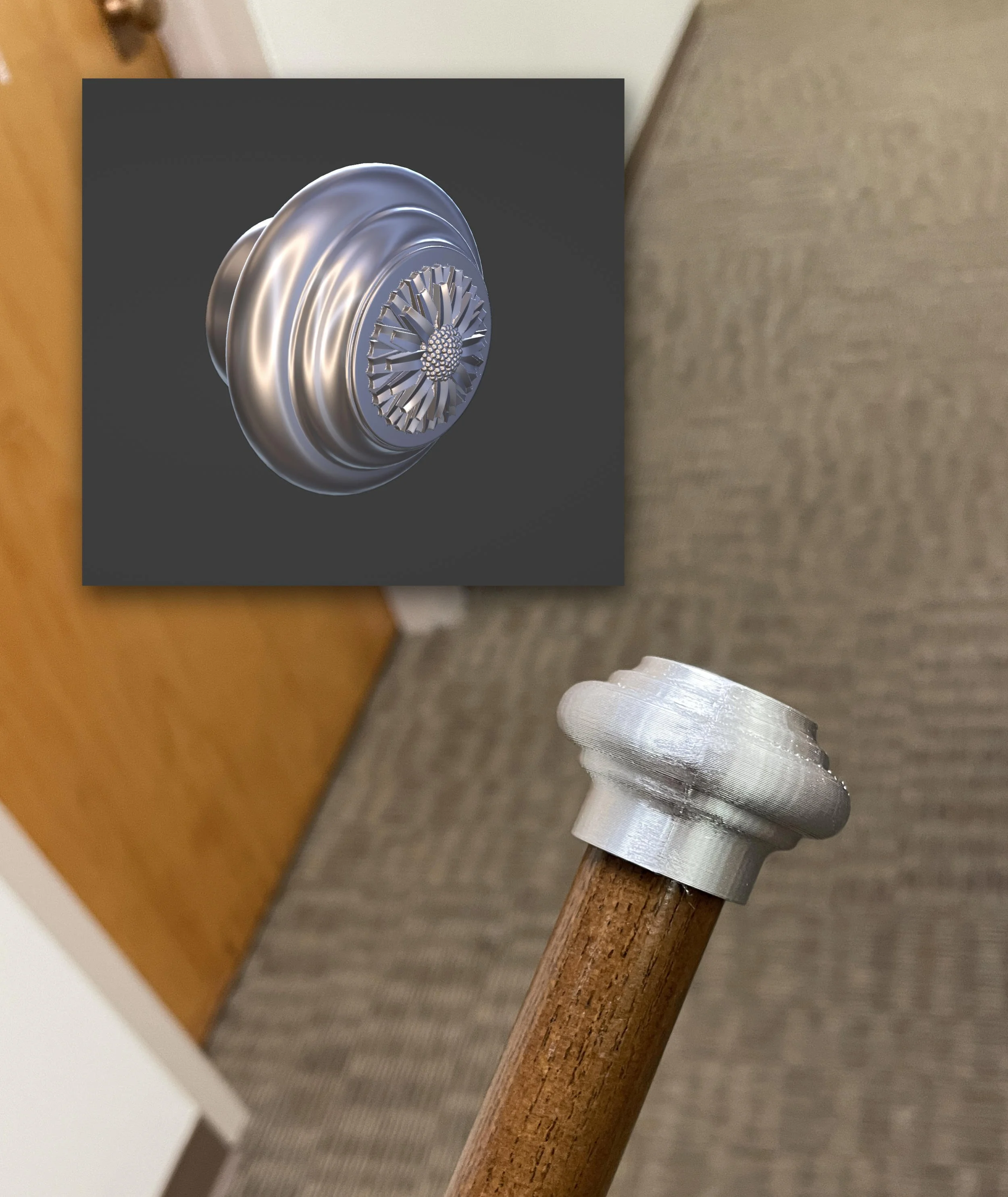 Silver was chosen to match the university's commencement symbols, two silver and wood batons. These were modeled and then 3D printed, with an eye toward eventually making molds and having them cast and silver plated.