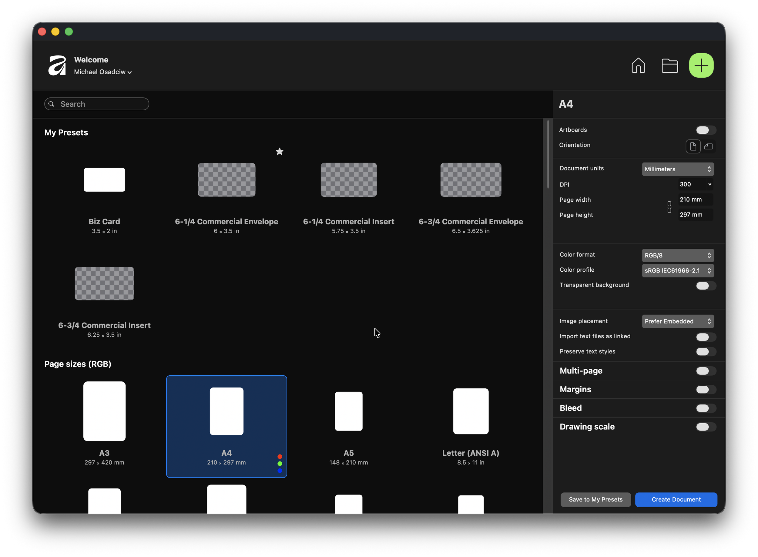 Affinity new dialog box presets