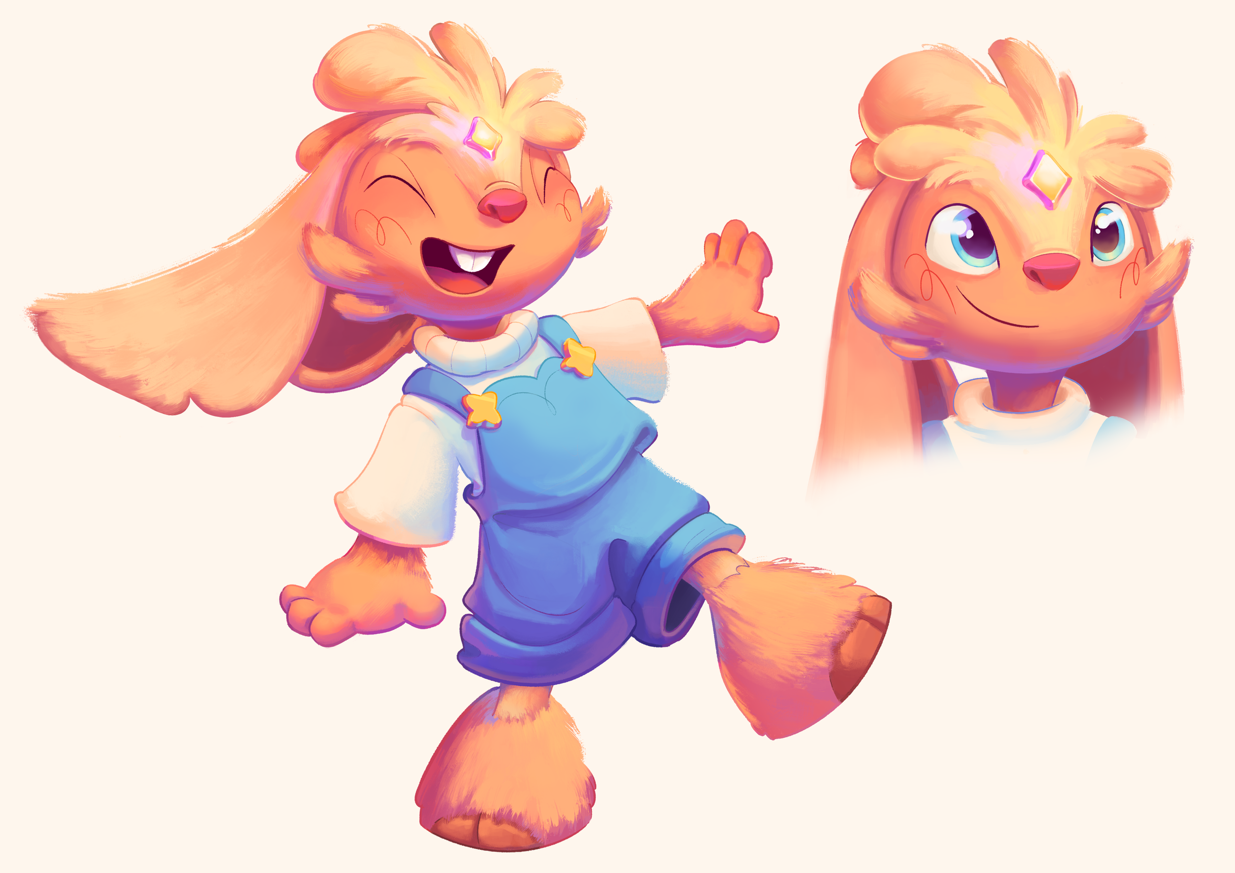 Digital illustration of a cheerful cartoon dog character with peach-colored fur, wearing a white shirt and blue overalls with star-shaped decorations. The dog is smiling and striking a playful pose. An inset shows an expression with a gentle smile and large, bright blue eyes.