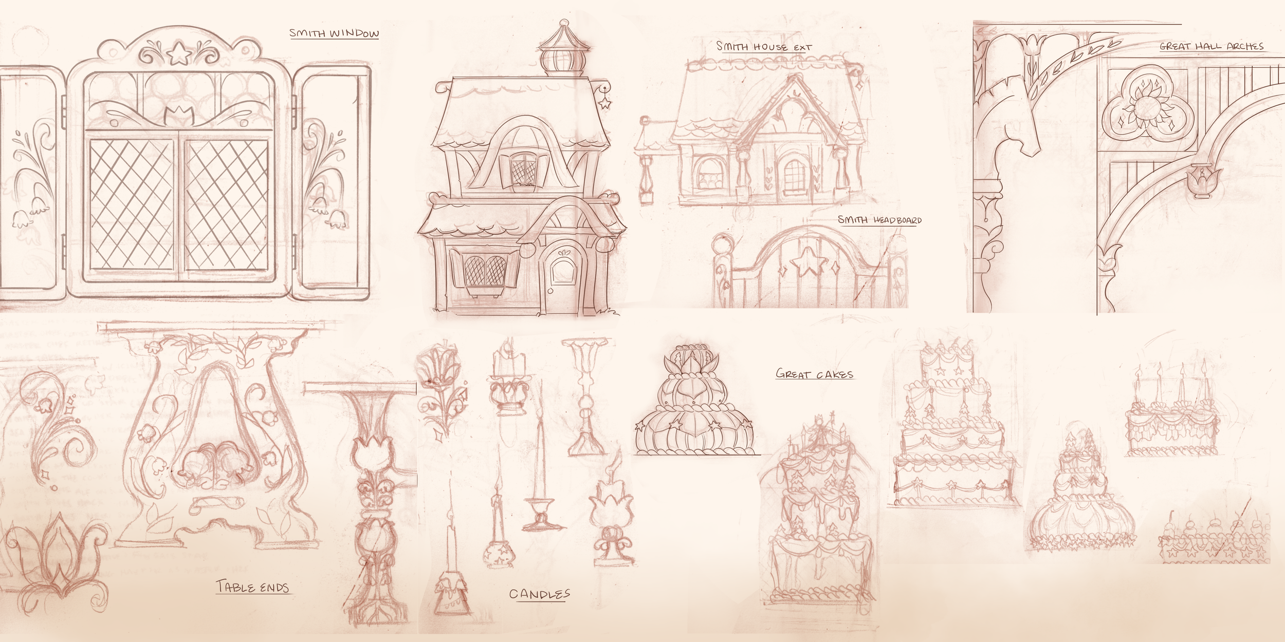 A collection of hand-drawn fantasy-style architectural sketches of buildings, doorways, windows, chandeliers, table ends, candles, and cakes, labeled with notes like 'Smith Window,' 'Smith House Ext,' 'Great Hall Arches,' 'Smith Headboard,' 'Great Cakes,' and 'Table Ends.'