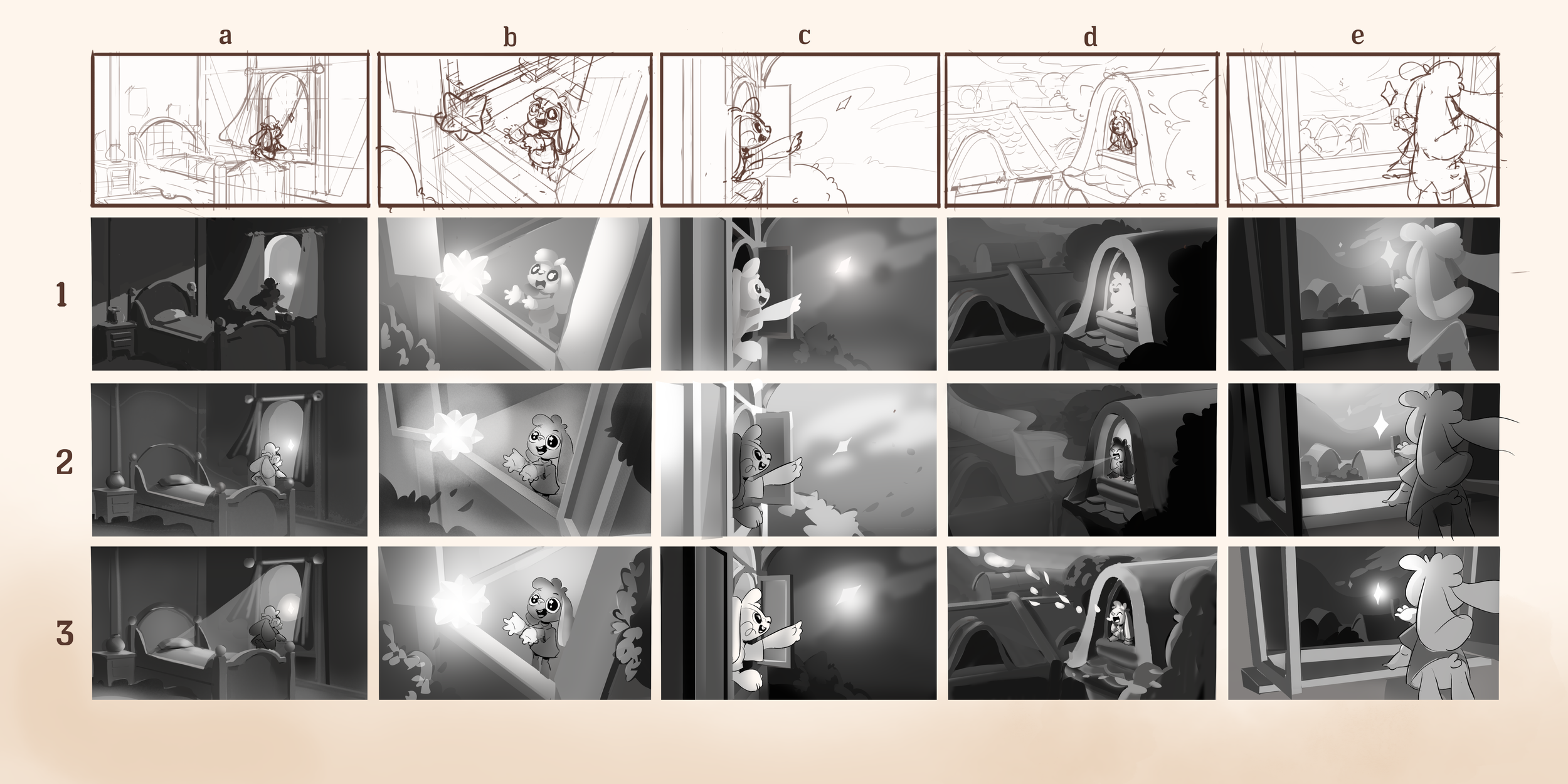 Storyboard showing a character starting in a bedroom, then climbing out the window at night, looking at the sky, and catching a falling star with a magic wand, depicted in five stages from sketches to finished color illustrations.