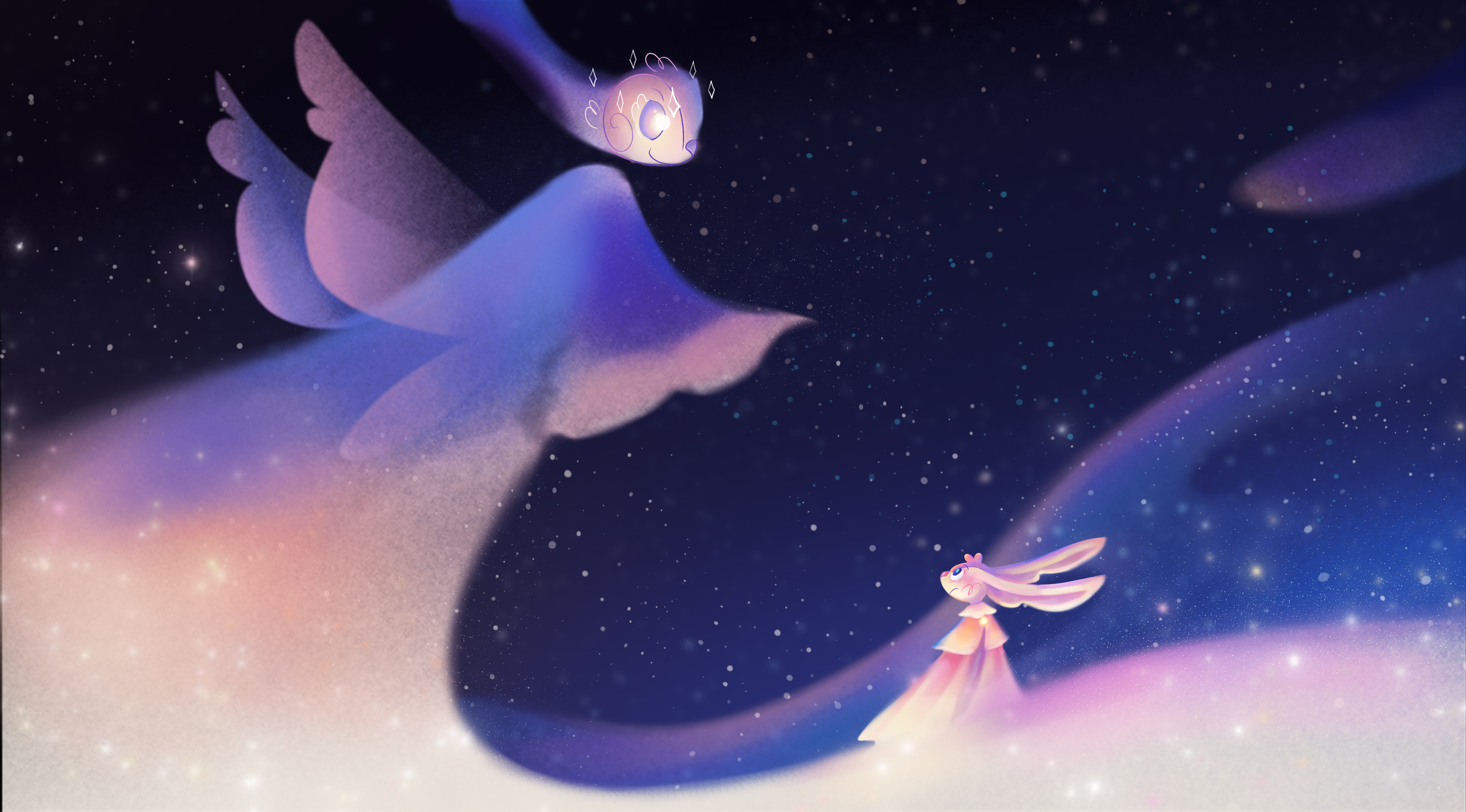 A magical scene with a girl with pink hair standing on a starry, glowing cloud, looking up at a large, floating, winged creature with a glowing face in a night sky filled with stars.