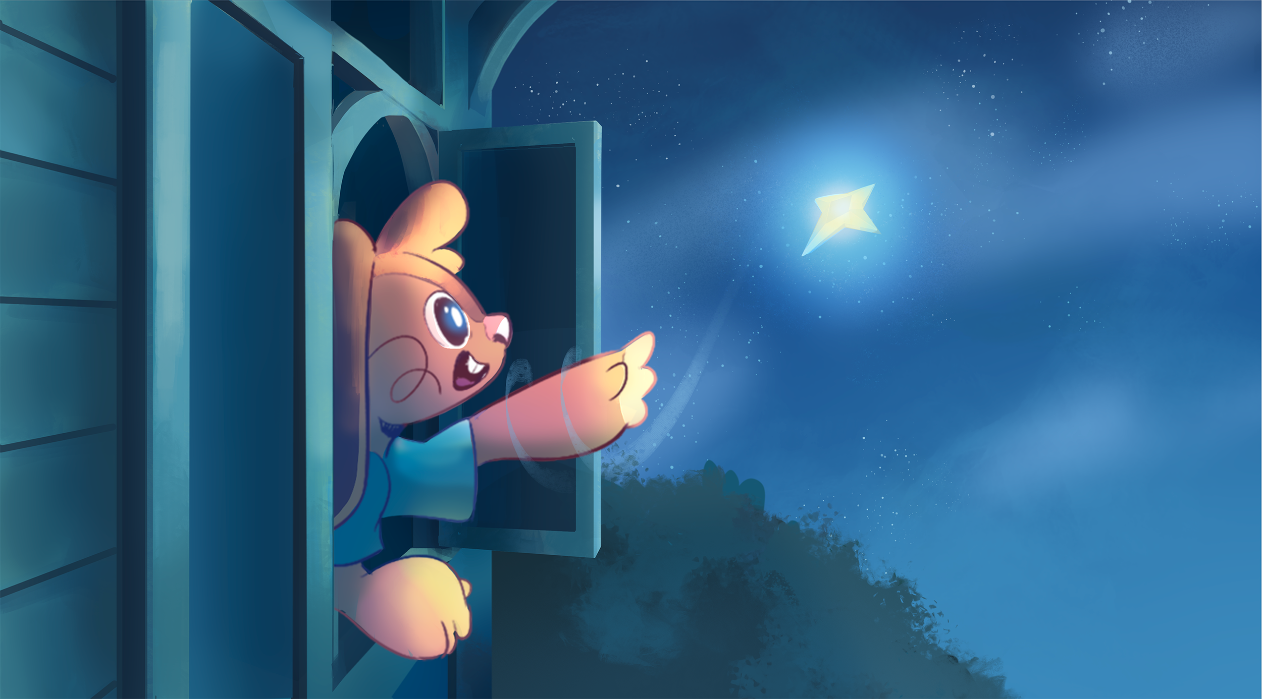 A cartoon character of a dog reaching out through a window at night to catch a falling star in a starry sky.