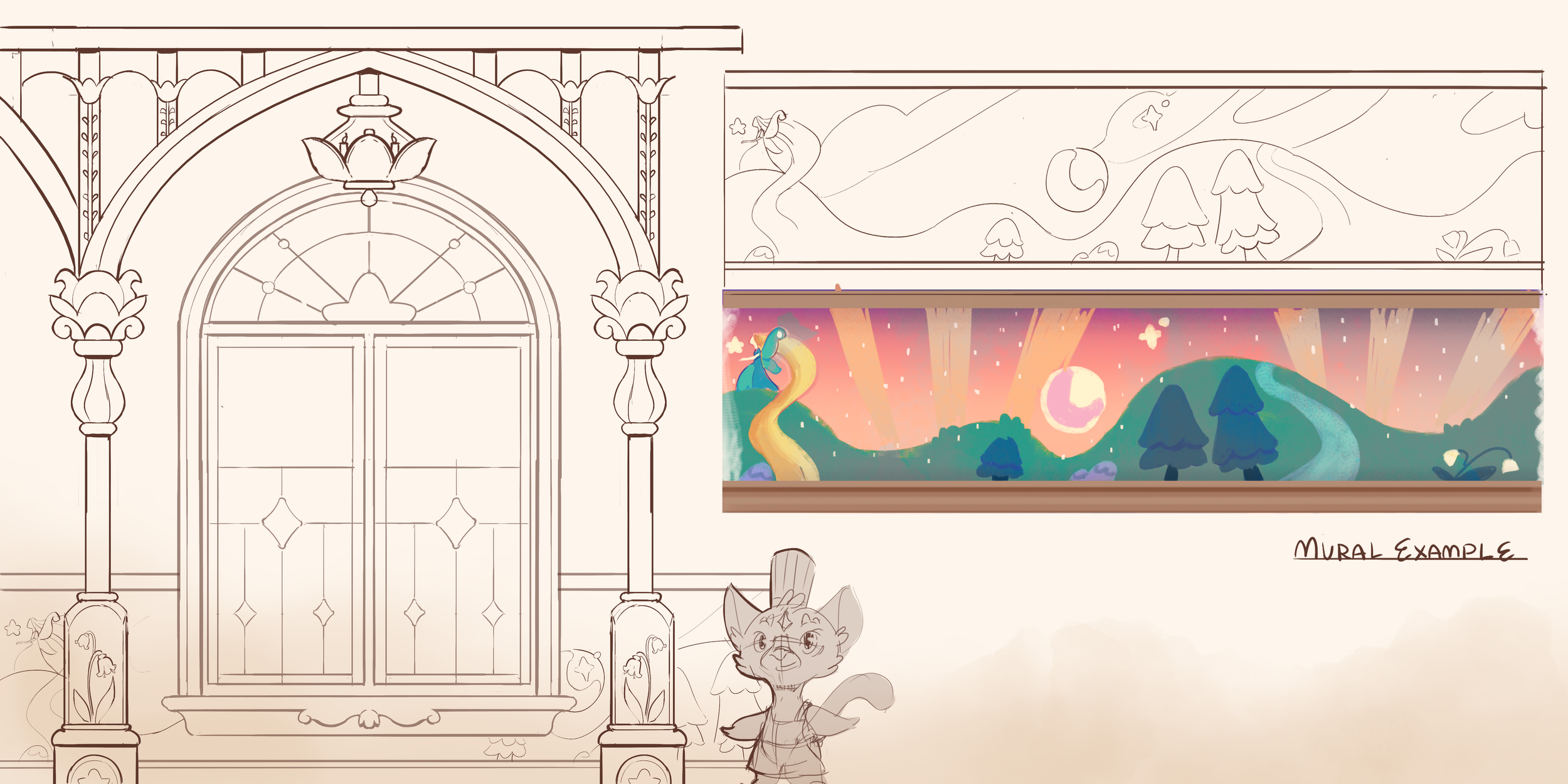 A drawing of a decorative interior with ornate columns and a large arched window on the left, and a colorful fantasy landscape mural on the right side, featuring rolling green hills, a winding path, a bright glowing moon with a face, and shooting stars. A cartoon fox character stands in front of the scene, smiling.