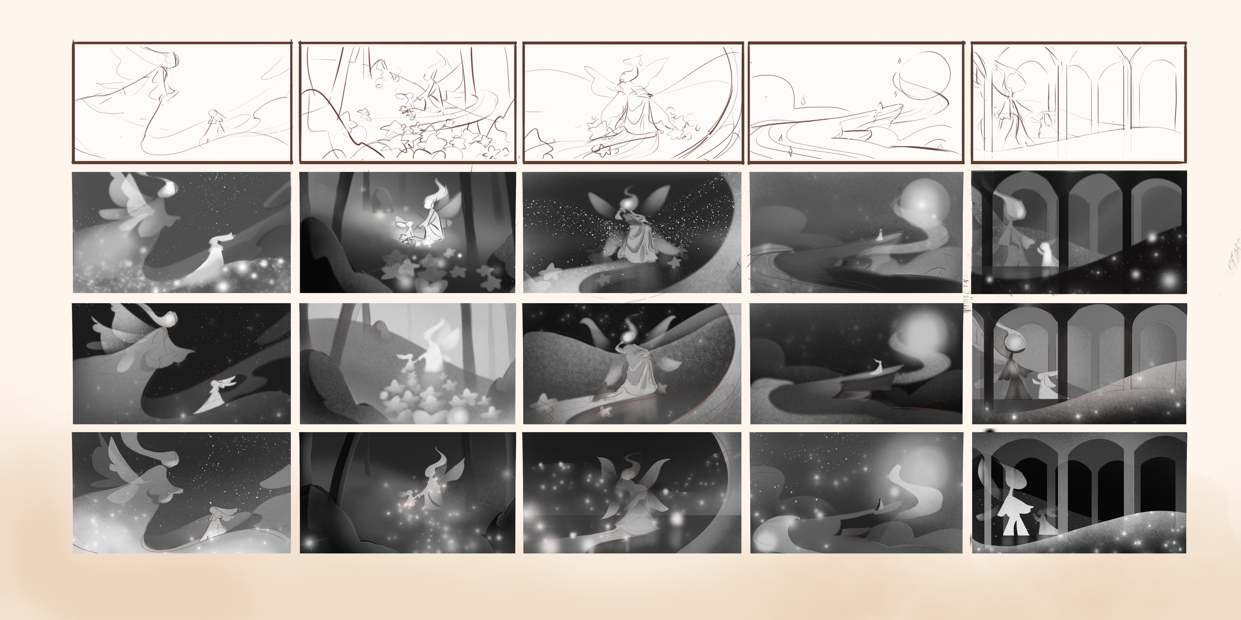 Sequential images illustrating a fairy tale story, progressing from sketch to colored, detailed scenes of a fairy flying through a forest, sitting by a river, and standing in a castle, with starry night sky backgrounds.