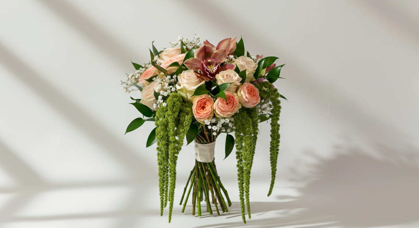 A colorful bouquet of pink roses, white roses, and pink orchids with greenery, wrapped with a white band and placed against a plain white background.