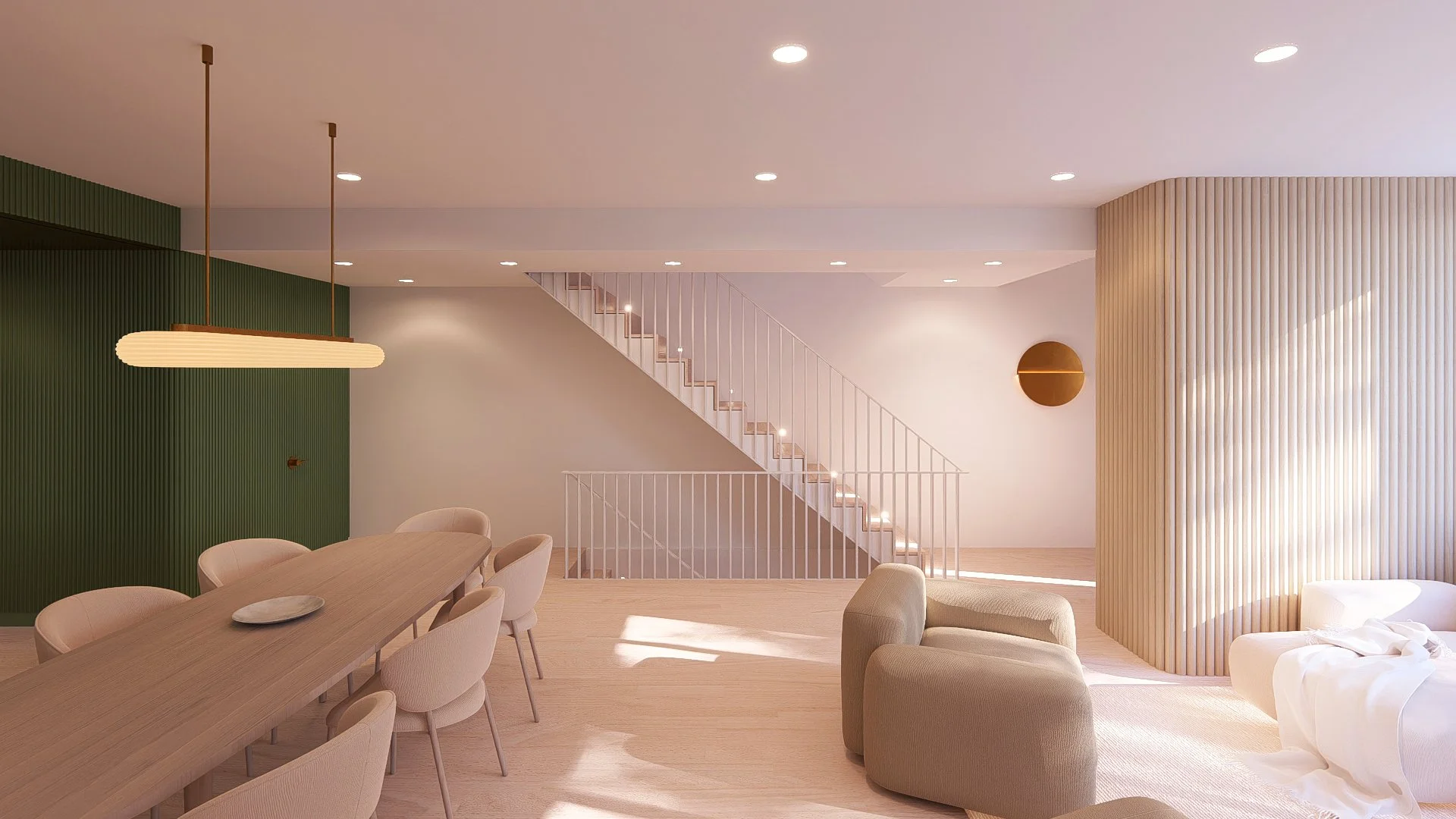 Minimalist living room with a dining area, modern staircase, beige armchairs, white sofa, and a green accent wall with vertical ridges.