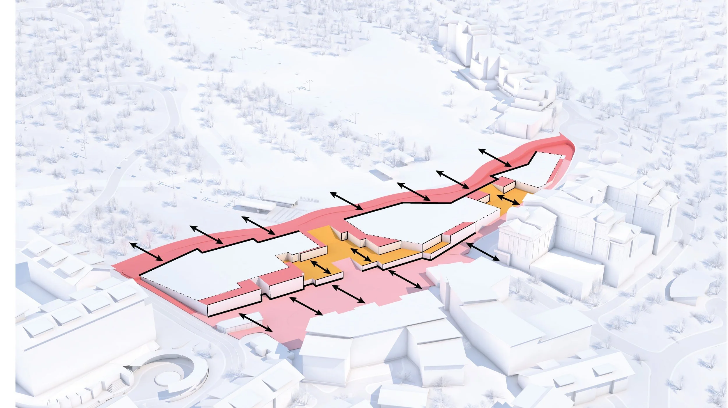 Aerial view of a construction plan with buildings and pathways, featuring a highlighted red and orange zone with black arrows indicating flow directions.