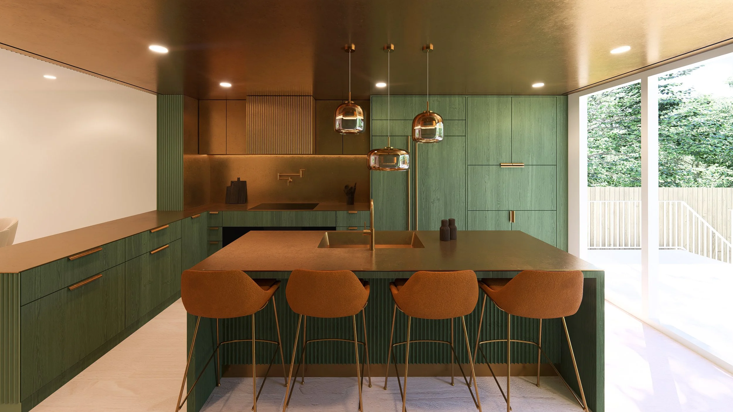 Modern kitchen with green cabinets, brown countertops, four brown barstools, pendant lighting, and large windows with a view of the backyard.