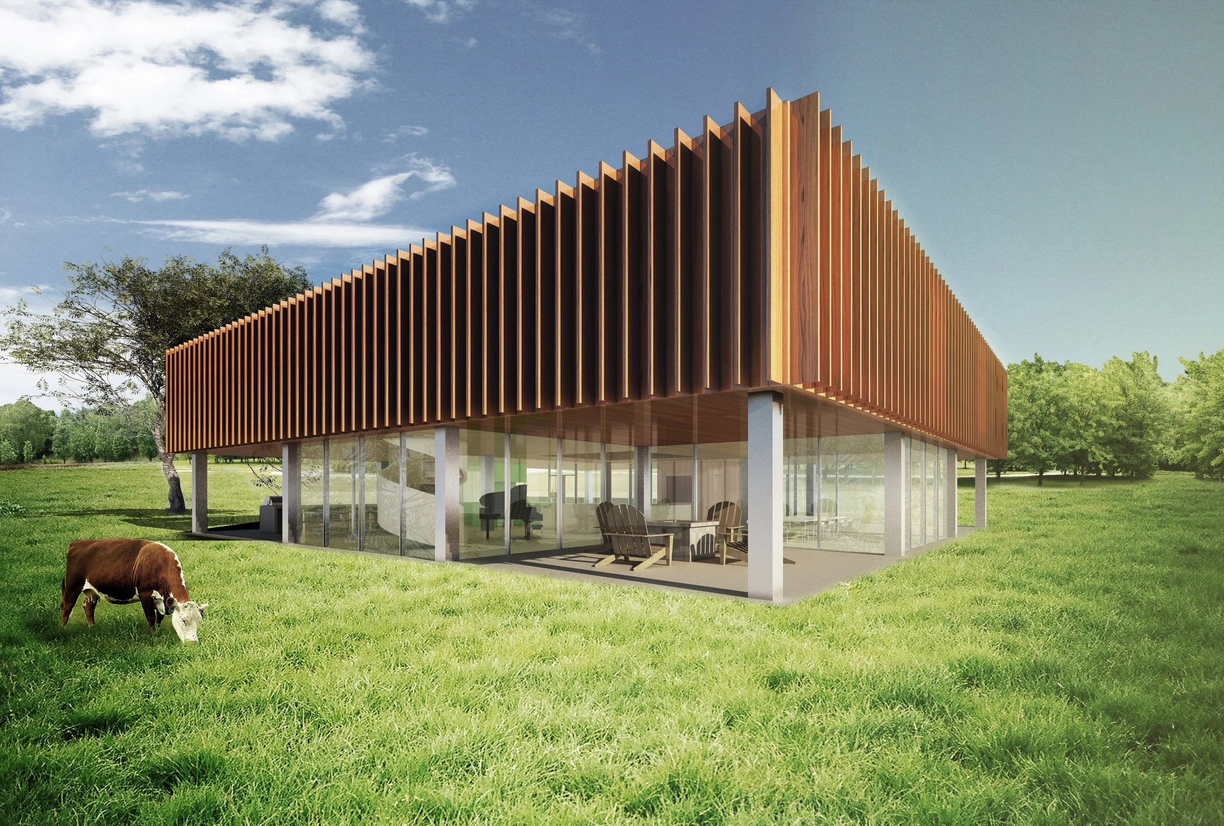 Modern two-story house with a glass ground floor and a wooden slatted upper exterior, set in a grassy field with a cow grazing nearby and trees in the background under a partly cloudy sky.