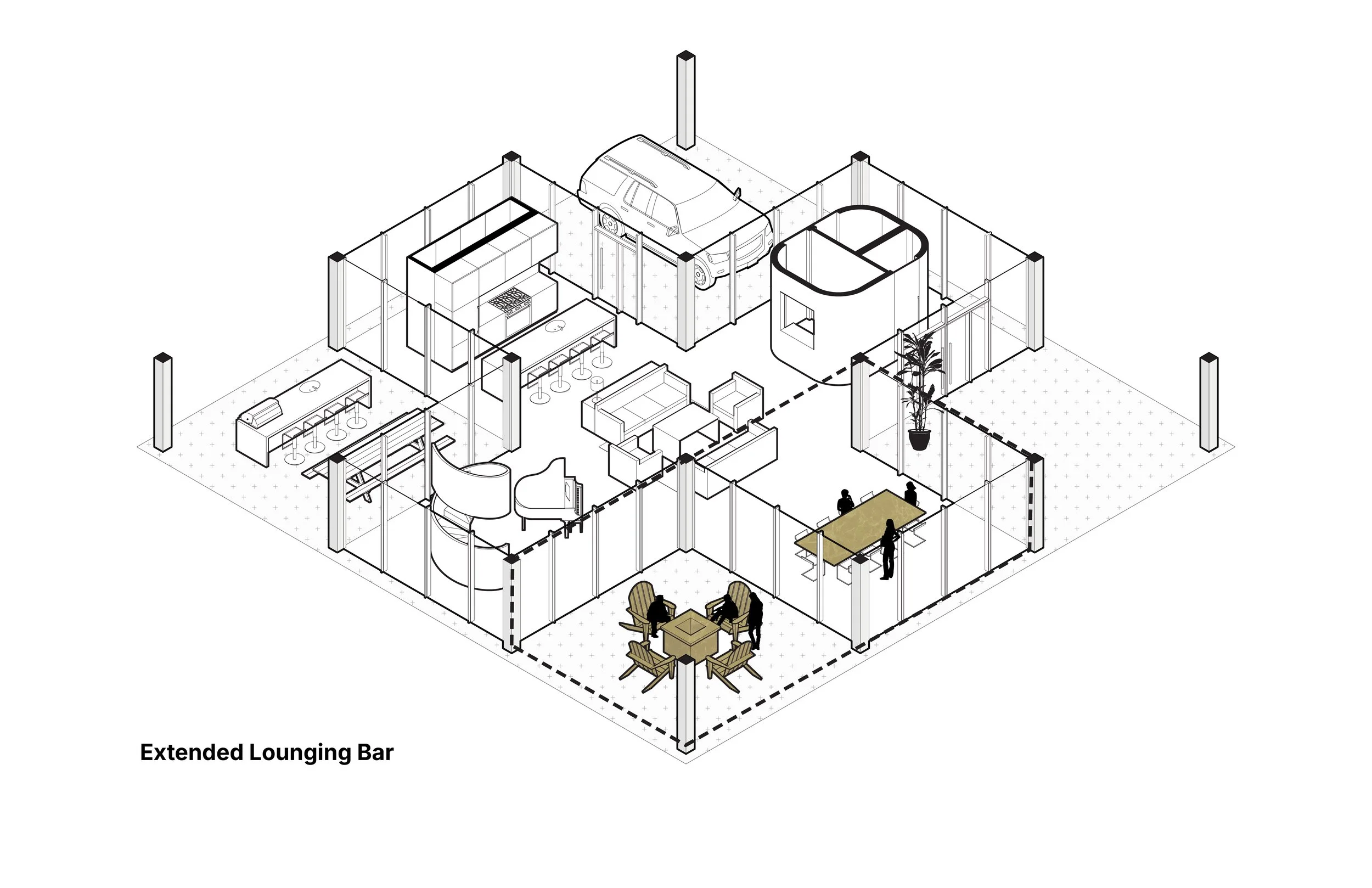 An isometric drawing of a modern open-concept home with a lounge area, kitchen, dining space, garage, and outdoor patio, labeled 'Extended Lounging Bar'.