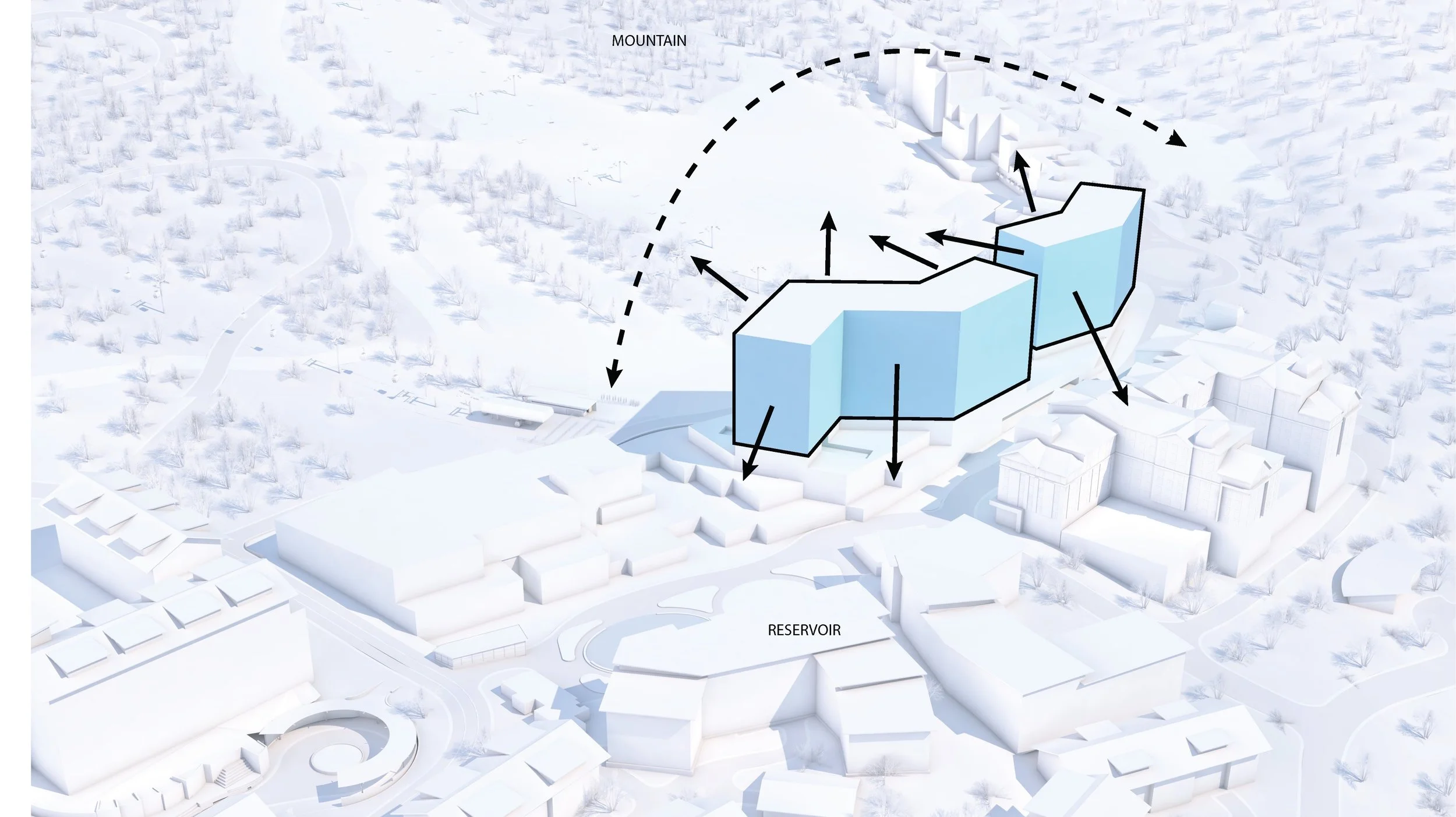 Architectural rendering of a proposed building complex on a snow-covered site, with three interconnected structures highlighted in blue, arrows indicating various design features, a mountain in the background, and a reservoir nearby.