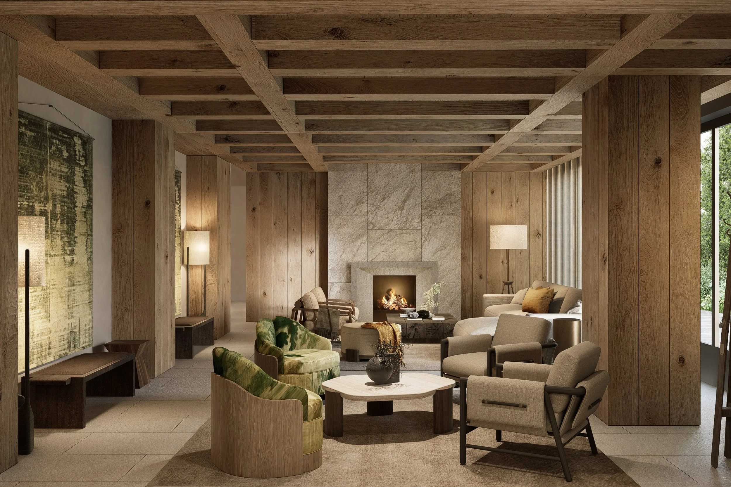 A modern living room with a wood-paneled ceiling and walls, a stone fireplace, and various upholstered chairs and sofas arranged around a coffee table.