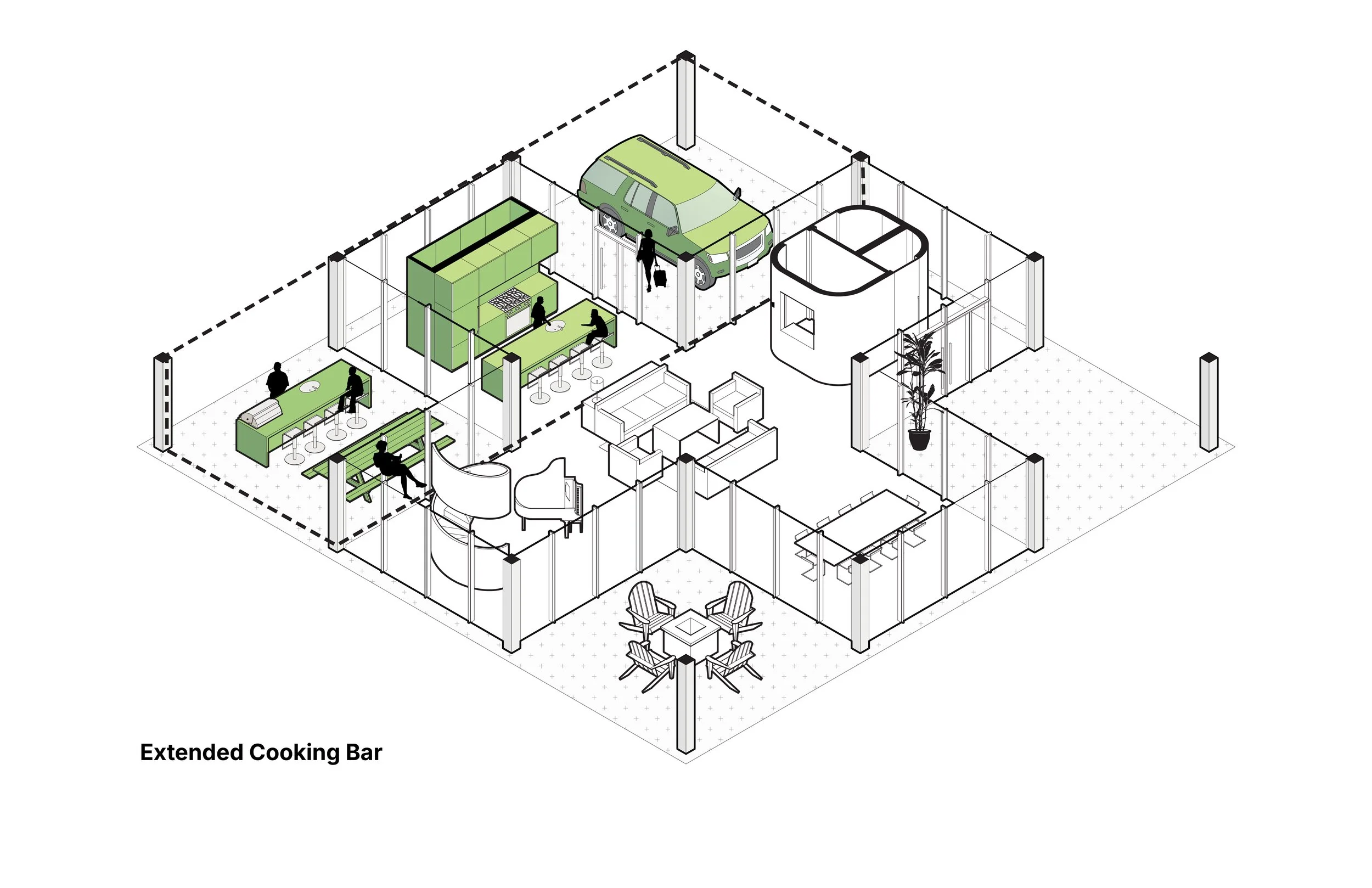 Illustration of a modern open-concept building with a green extended cooking bar, kitchen, lounge, dining area, and parking space with a car and people