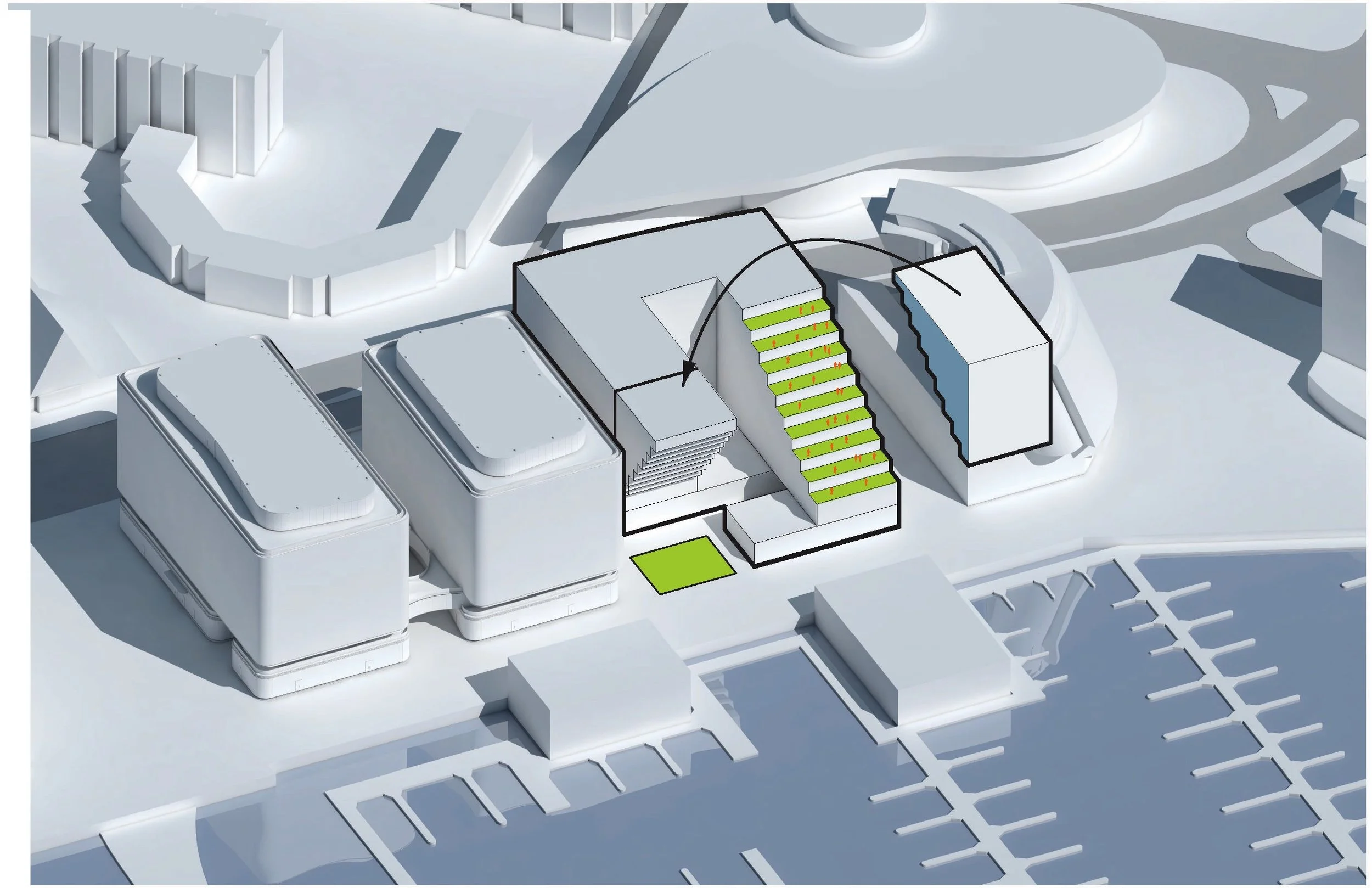 Architectural rendering of a building complex with a central staircase highlighted in green, connected to a larger structure, surrounded by other modern buildings and parking lots.
