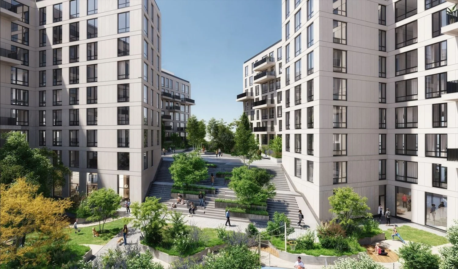 Modern residential apartment complex with multiple white buildings, green landscaped courtyard, trees, stairs, and people walking or relaxing outdoors.