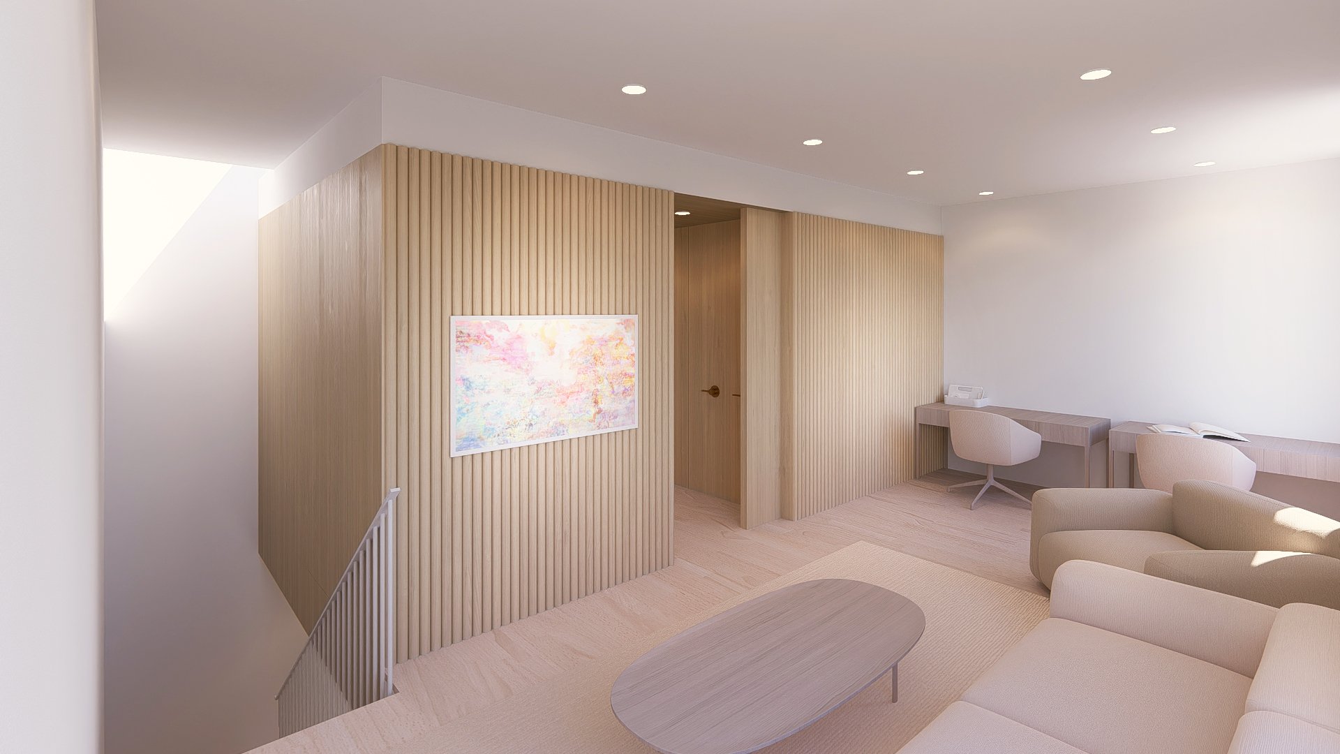 Modern living room with beige sofas, light wood coffee table, printer, and open book on a desk, with wood-paneled walls and recessed ceiling lights.