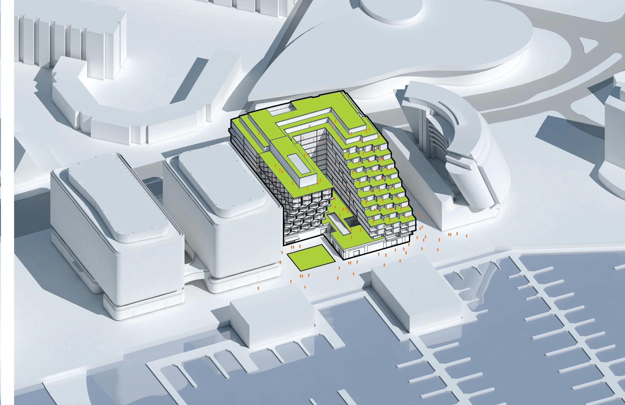 A 3D architectural rendering of a multi-story building with green rooftops, surrounded by other modern buildings and a parking lot, set in an urban environment.