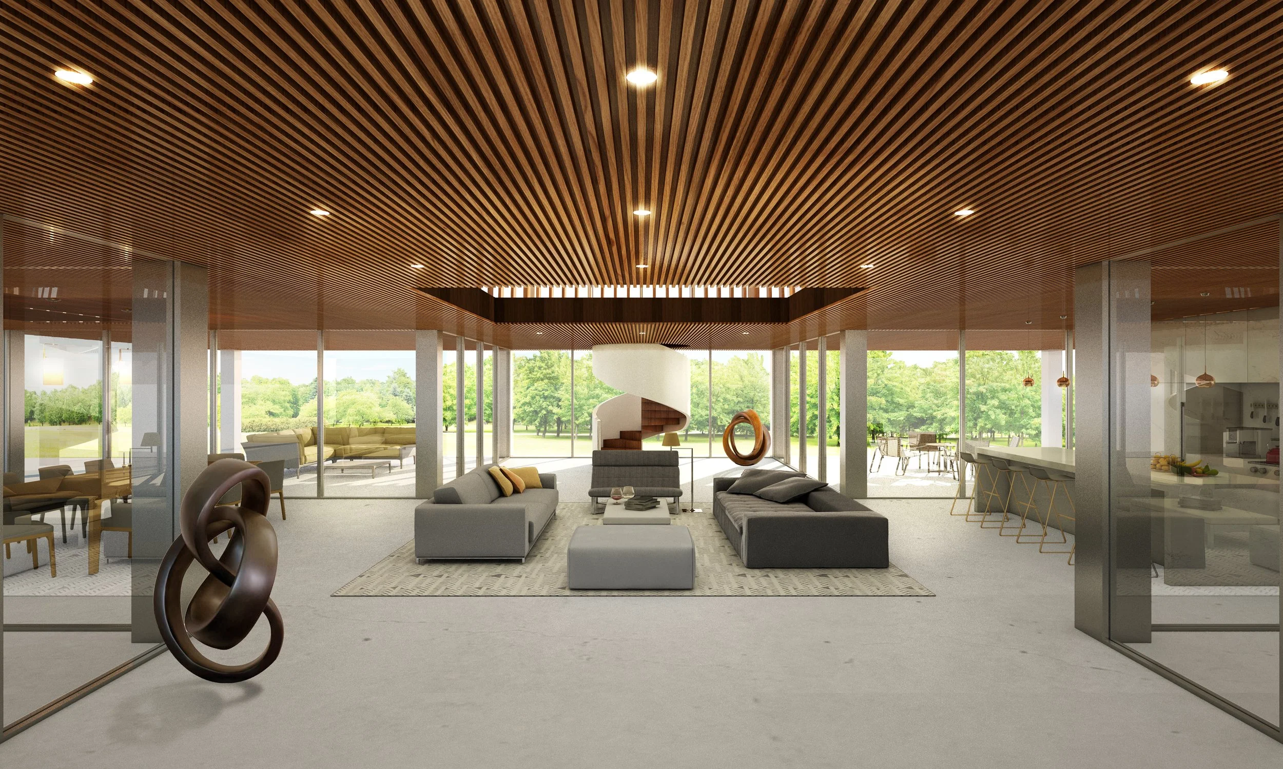 Modern living room with large windows, wooden slat ceiling, contemporary furniture, abstract sculptures, and outdoor view of greenery.