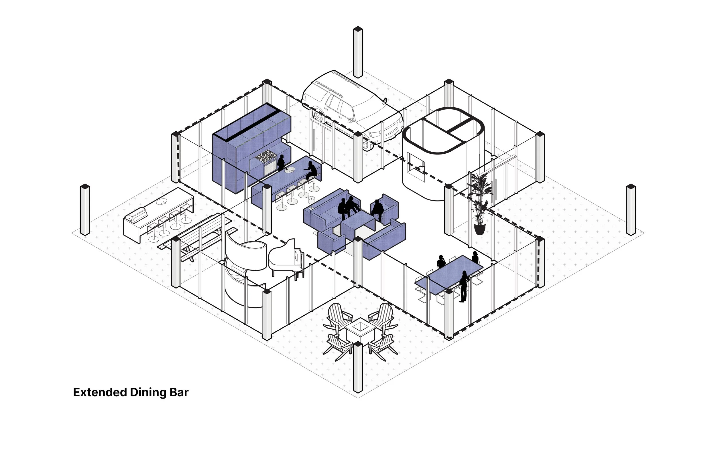 Isometric drawing of a commercial space labeled 'Extended Dining Bar' with various seating areas, a bar, and a garage with a car.