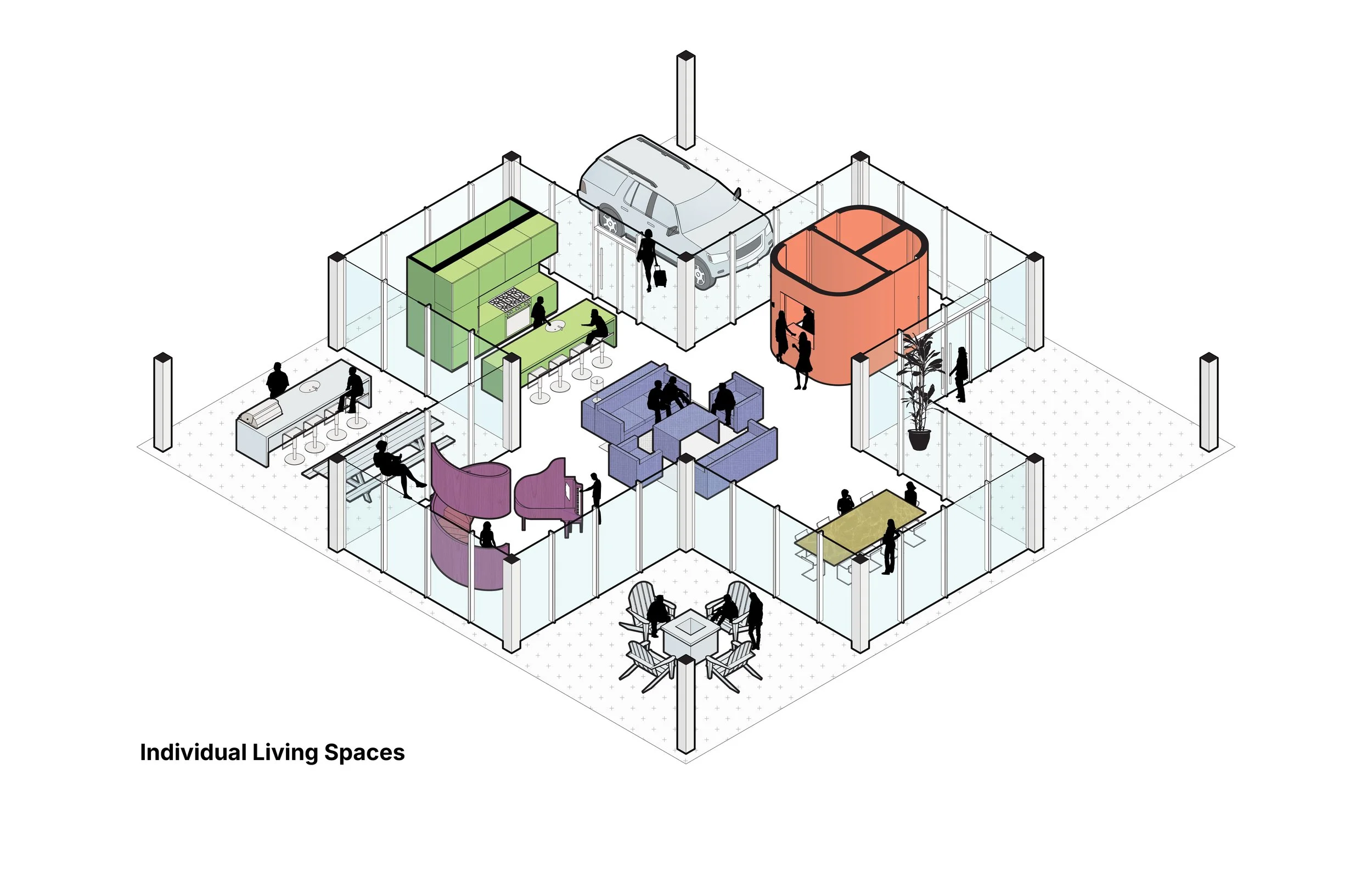 Interior layout of individual living spaces, including a kitchen, garage with a car, seating areas, meeting spaces, and a dining area, with silhouettes of people.