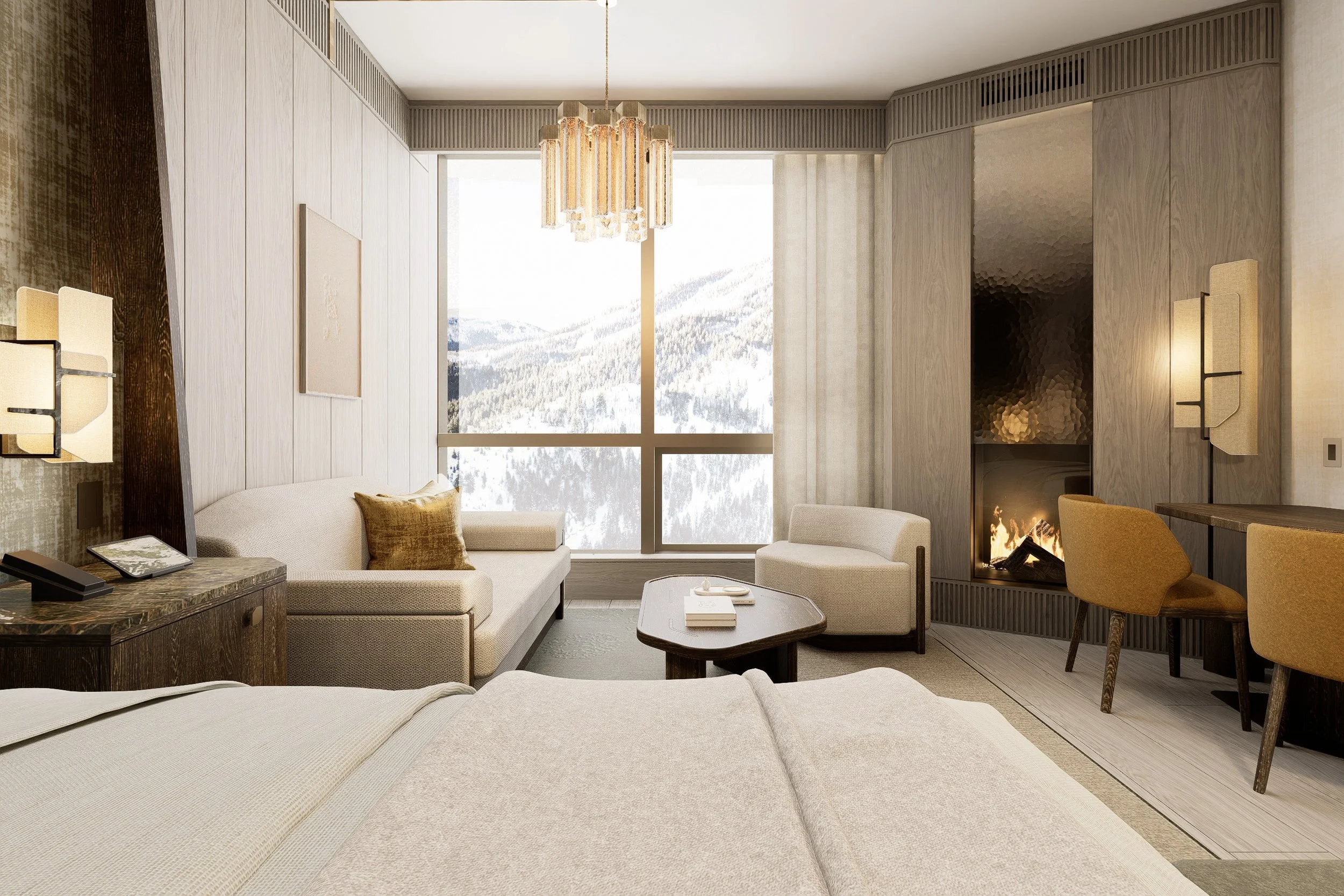 Interior of a modern hotel room with a bed, beige sofa, armchair, glass window showing snowy mountains, fireplace, desk with chair, and elegant lighting fixtures.