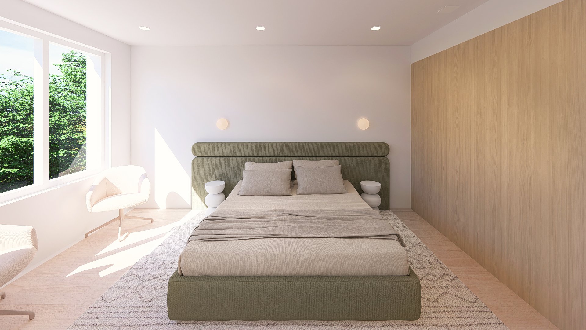 Modern bedroom with a large window showing greenery outside, a beige bed with a green headboard, light-colored pillows, and a beige bedspread, two white side tables, a white armchair near the window, and warm wood accents on the wall.