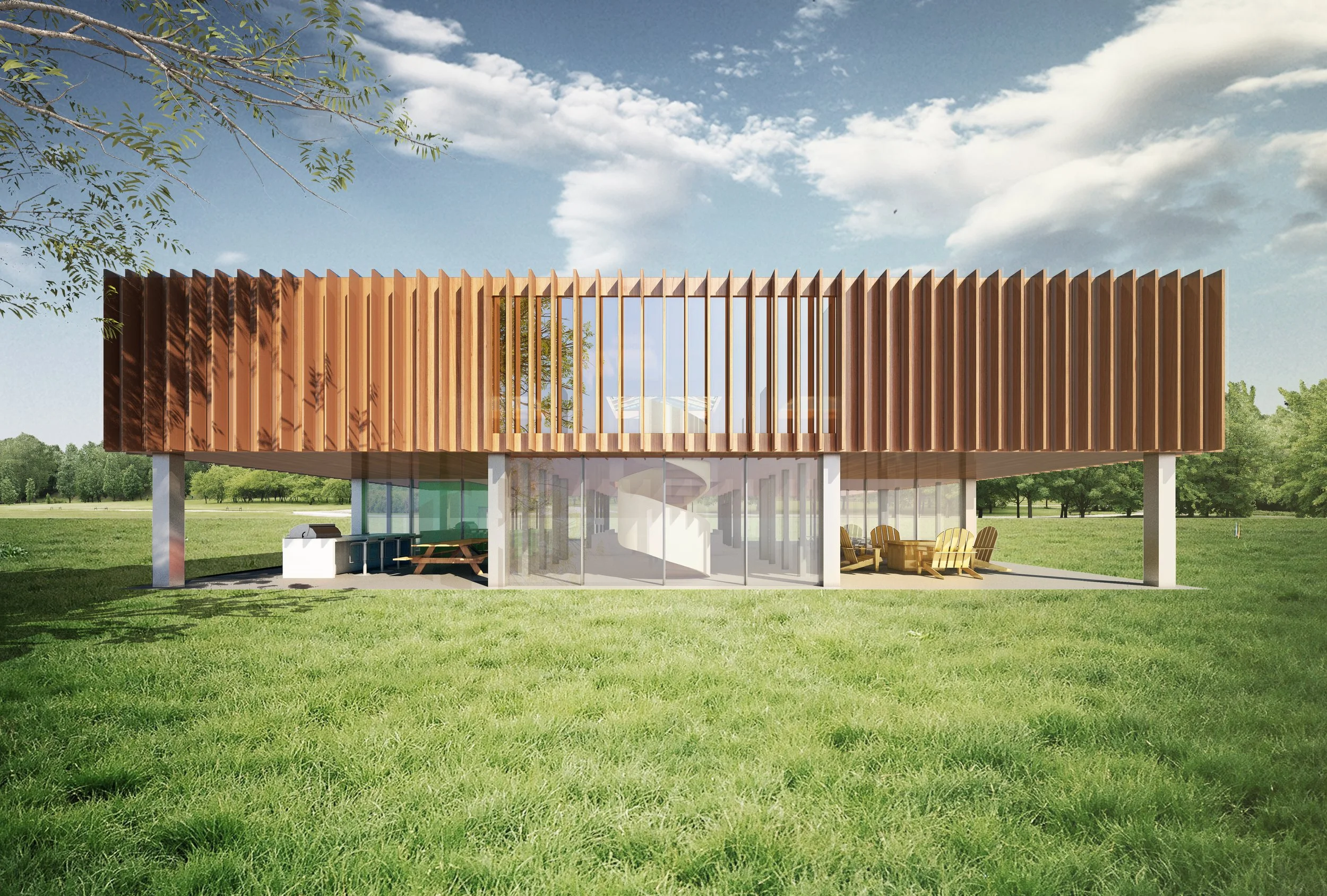 Architectural rendering of a modern, two-story house with a wooden slatted exterior, large glass windows on the ground floor, and a spacious outdoor seating area with Adirondack chairs on a grassy lawn under a partly cloudy sky.