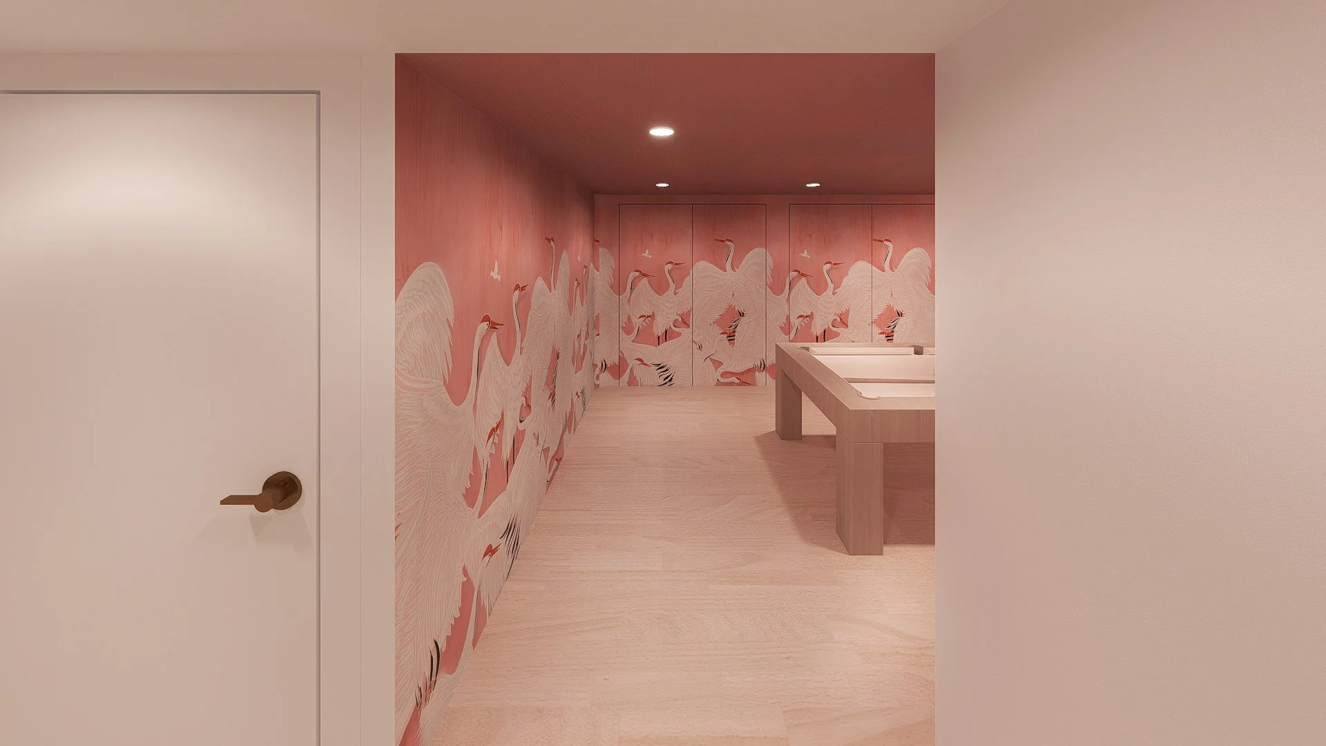 Room with pink flamingo wallpaper on the walls, light wooden flooring, white door on the left, and a white and wooden bed frame on the right.