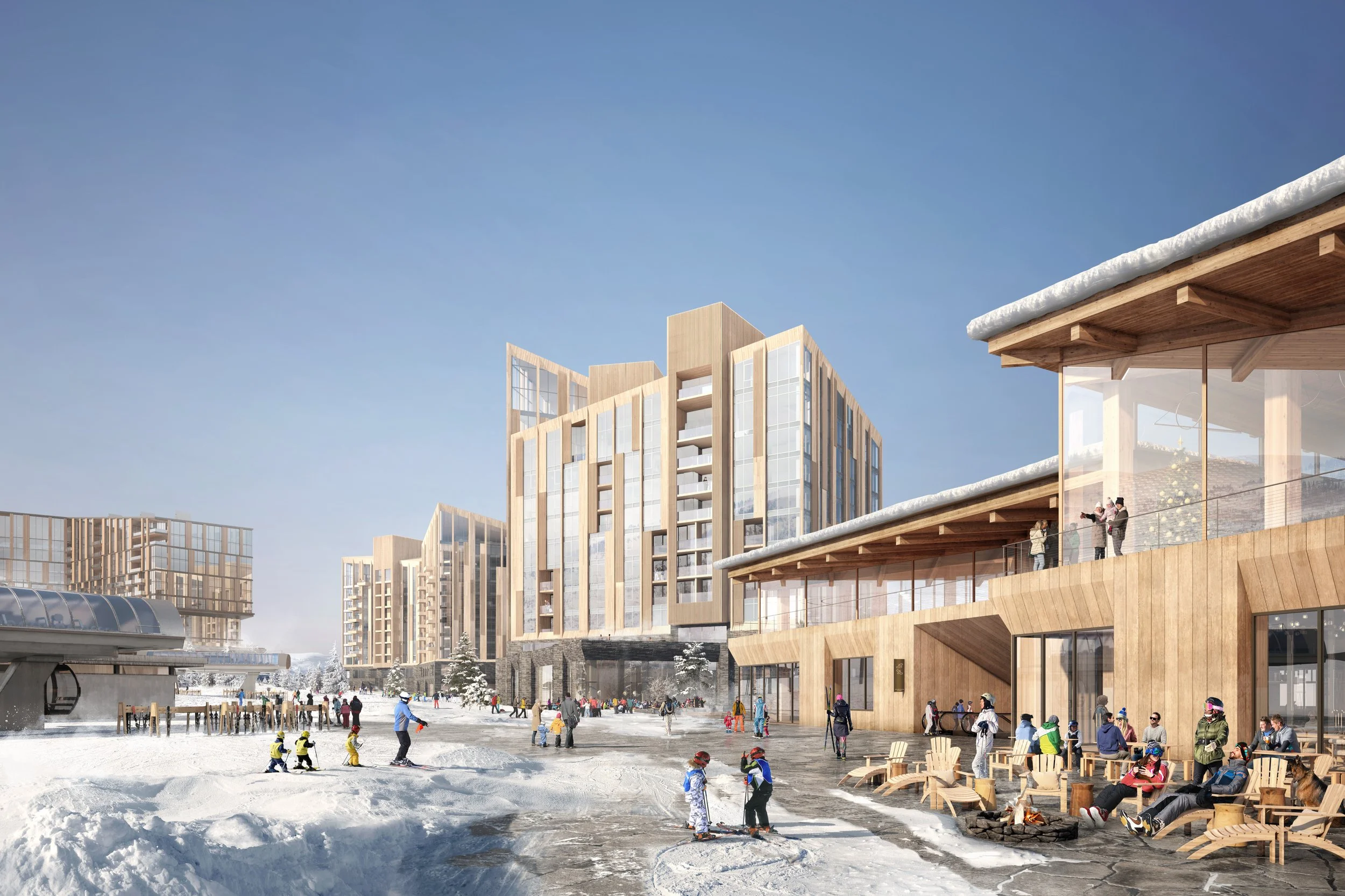 A snowy outdoor scene with people skiing and socializing in front of modern wooden-style buildings on a clear winter day.