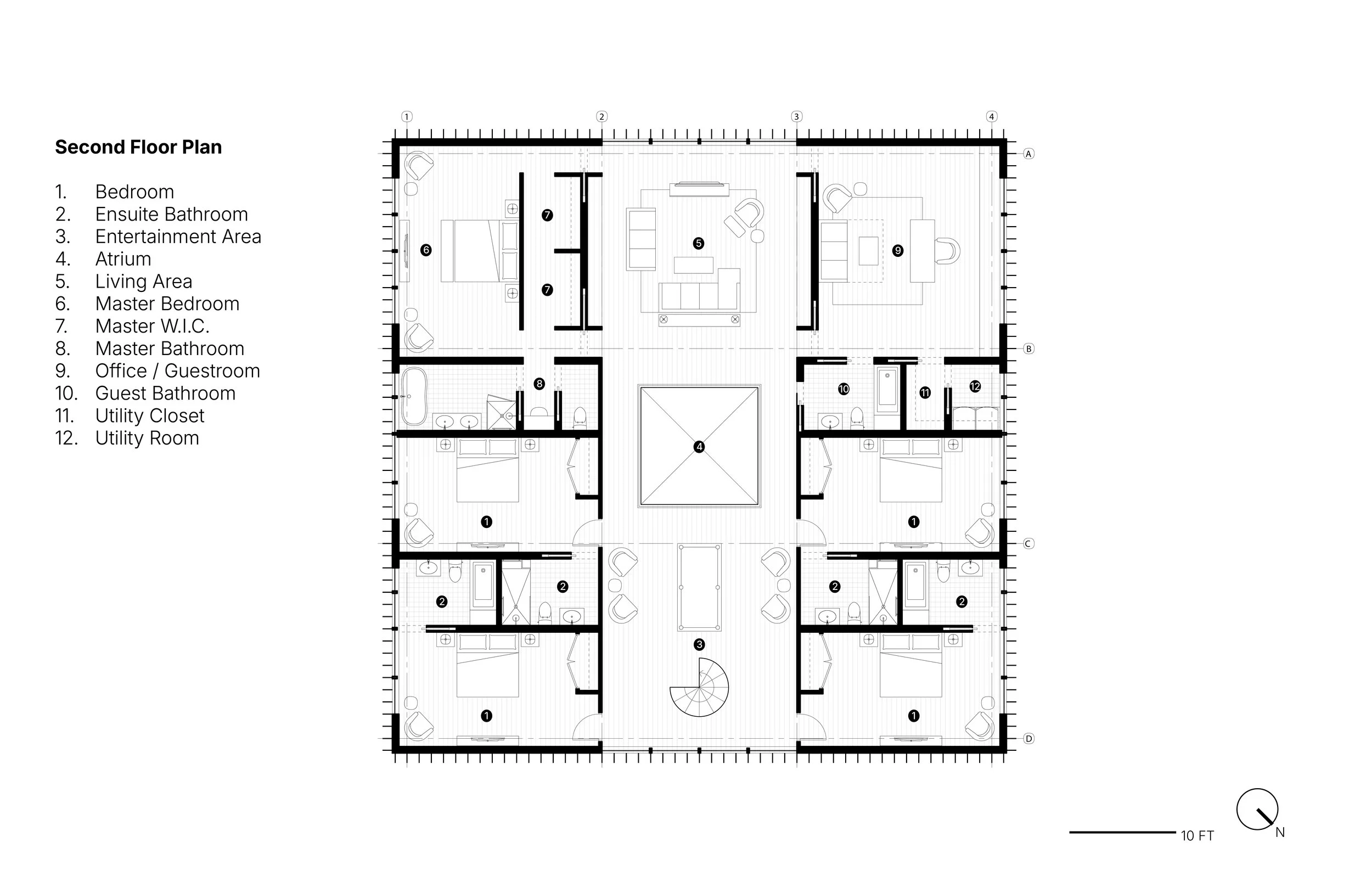Floor plan of a house's second floor with labeled rooms including bedrooms, bathrooms, living area, entertainment, office, and utility rooms.