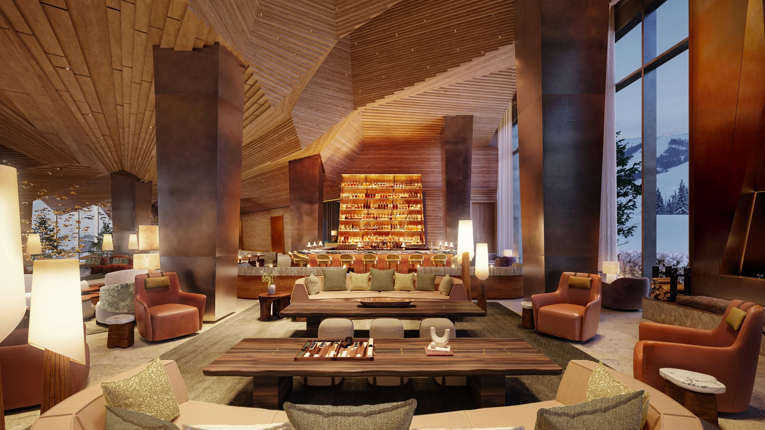 Luxurious hotel lounge with wooden ceiling, large windows with snowy mountain view, and a bar with illuminated shelves. Comfortable seating with armchairs, sofas, and pillows, and warm lighting creates an inviting atmosphere.