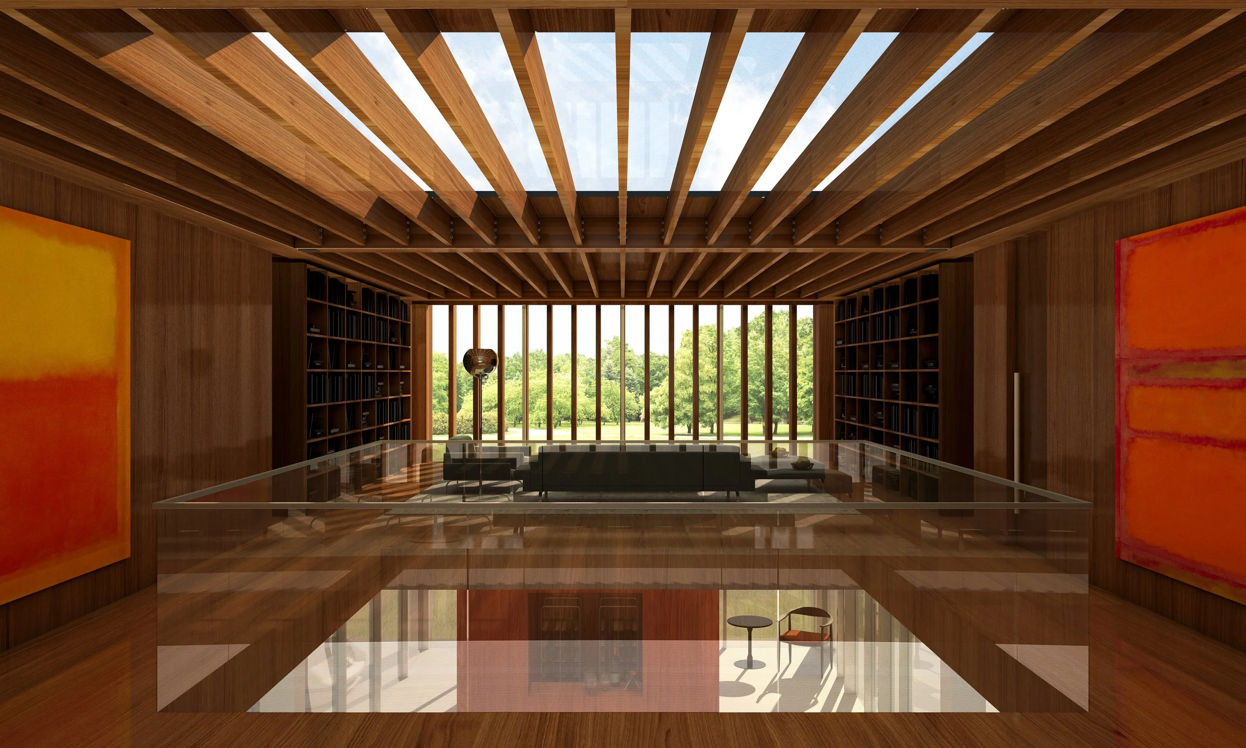 Modern interior room with wooden ceiling and walls, large floor-to-ceiling windows with a green outdoor landscape, bookshelves on both sides, a black sofa, a standing lamp, and two colorful abstract paintings.