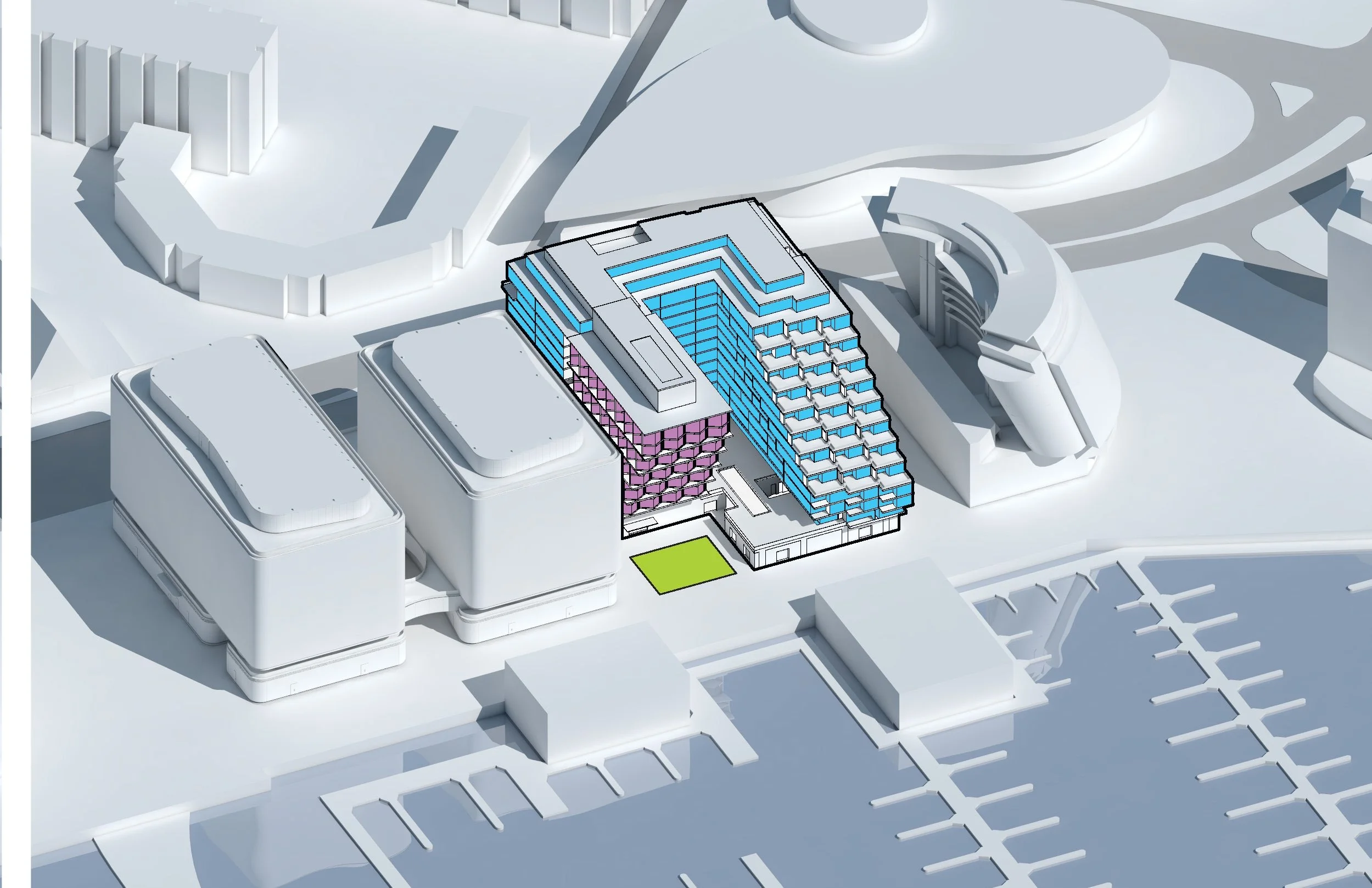 3D architectural model of a modern complex with two colorful buildings, surrounded by parking lots and additional structures.