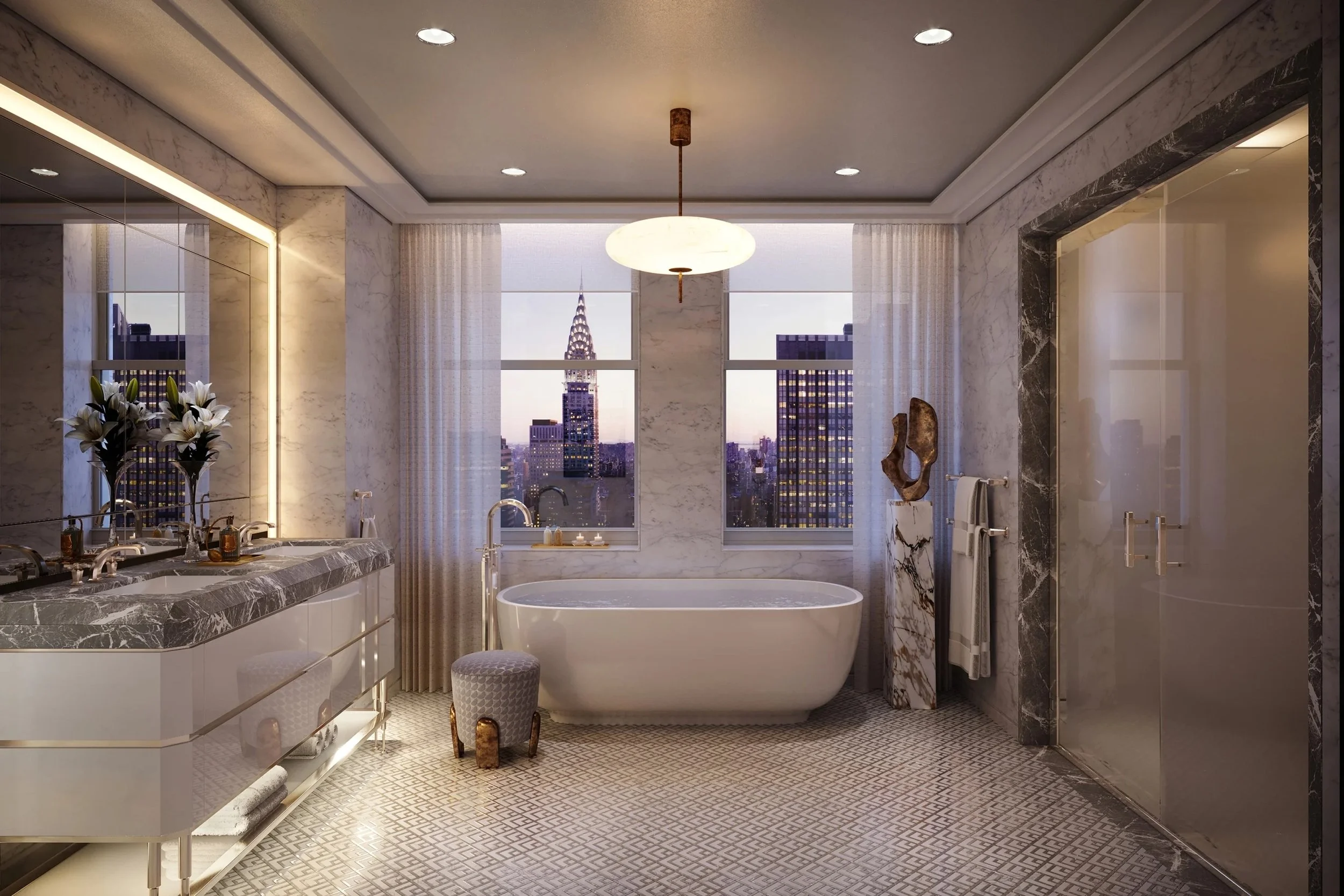 Luxury bathroom with a large window view of a city skyline, a freestanding bathtub, marble counters, and elegant decor.