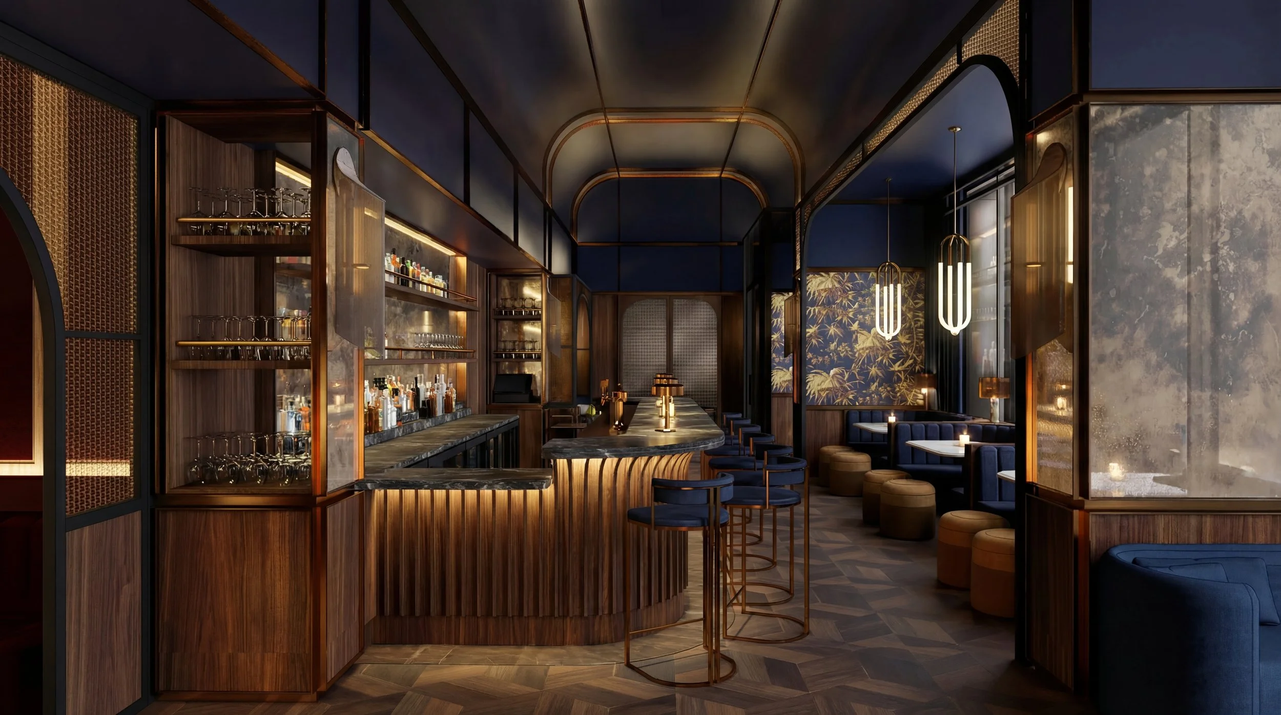 Elegant bar with dark wood and gold accents, blue seating, and decorative lighting.