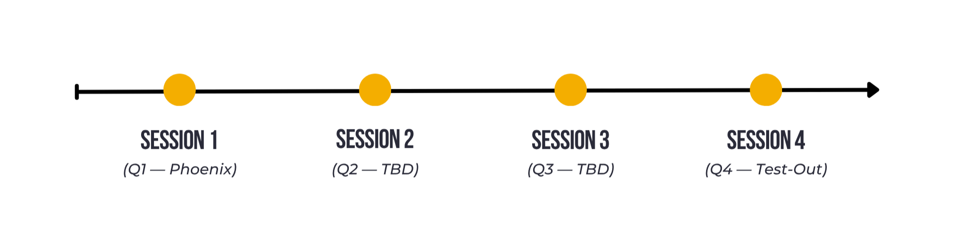 Timeline of the 12-month RevenueGetter Coaching Certification: four quarterly in-person intensives, monthly coaching calls, and the Session 4 test-out