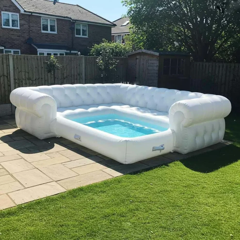 Inflatable white sofa with a small pool
