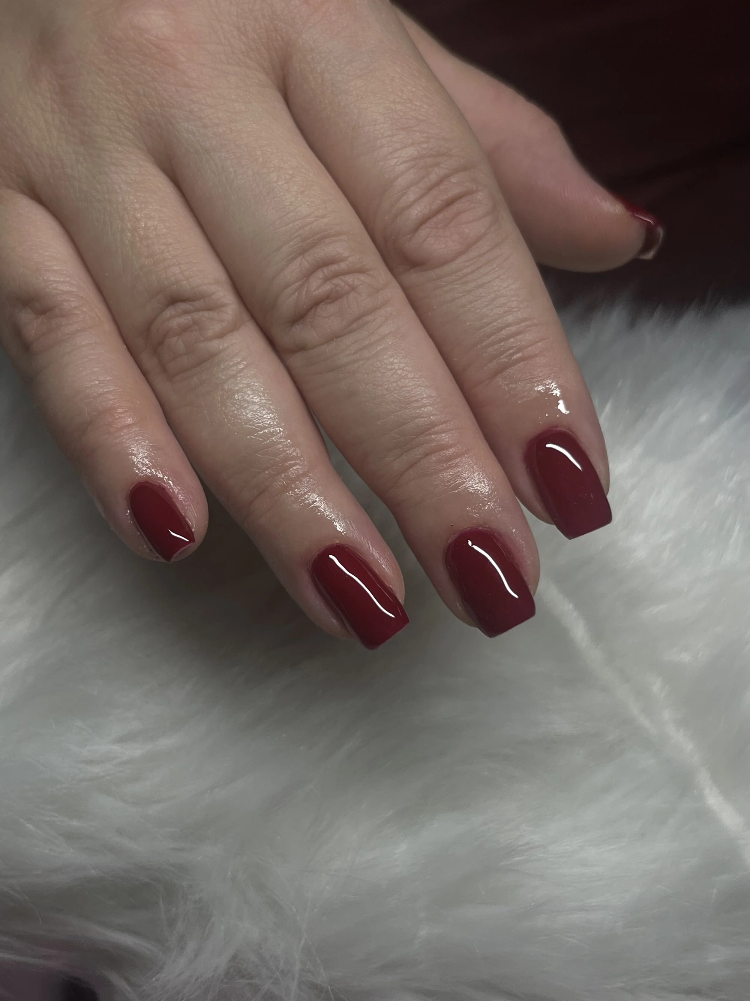 Red builder gel manicure done by private nail tech in Winnetka, SFV