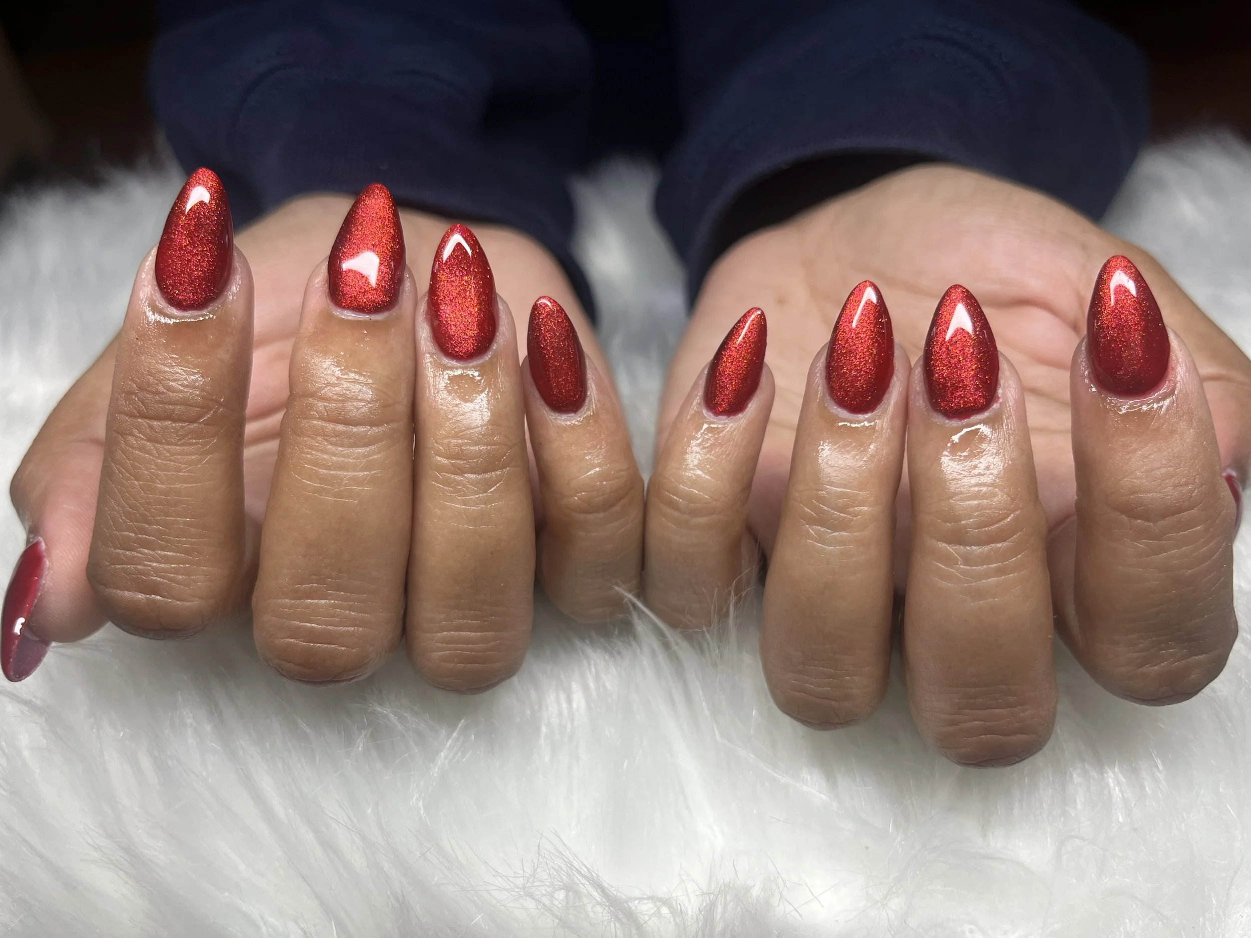 Red acrylic nail set by private nail tech in Winnetka, SFV