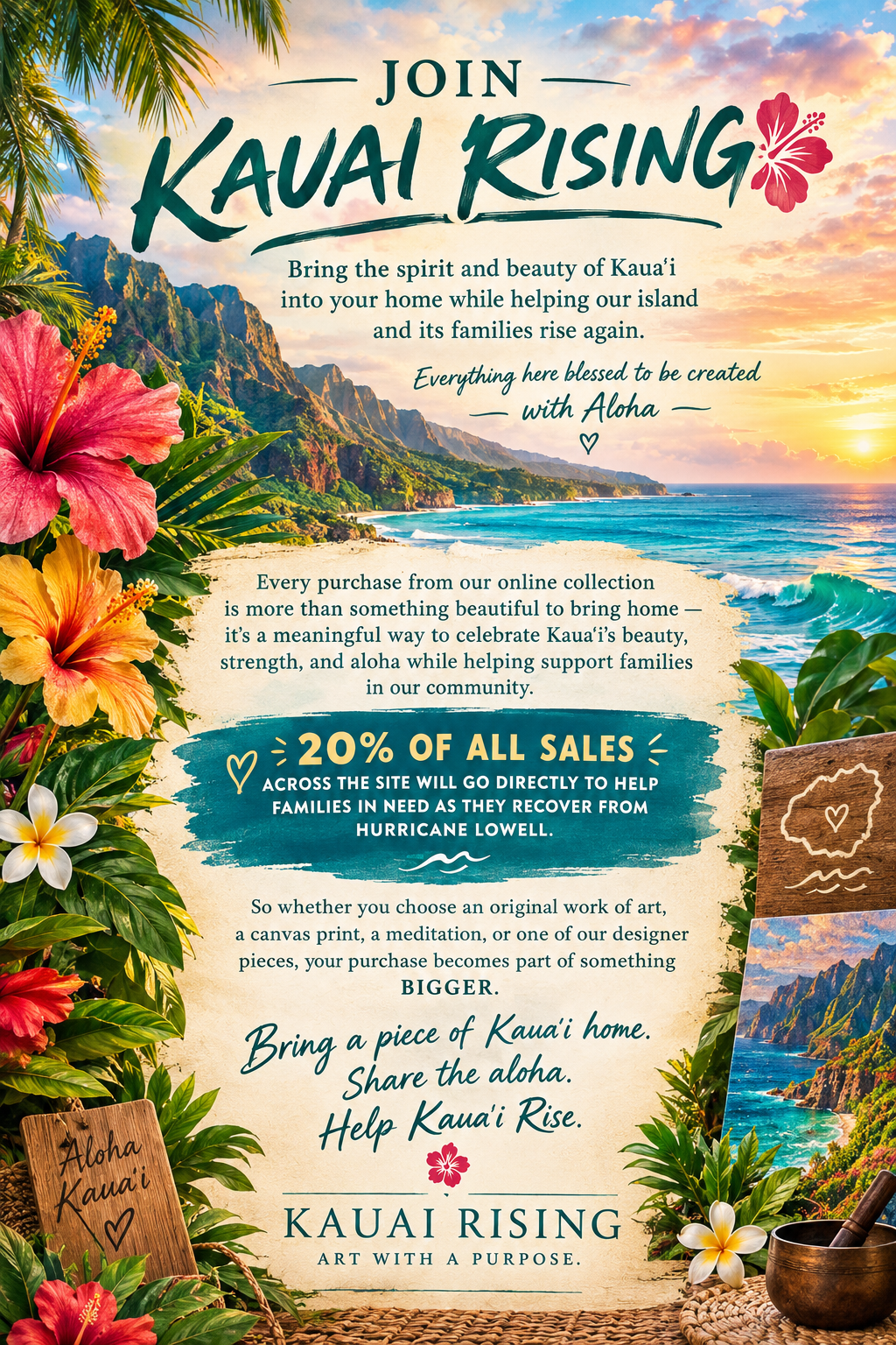 A colorful promotional poster for Kauai Rising featuring a scenic Hawaii coastal landscape with mountains, ocean, and sunset, decorated with tropical flowers, a wooden sign with "Aloha Kaua'i" written on it, and smaller images of Hawaiian scenery.